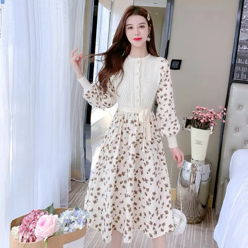 Autumn knitted bottoming dress with coat, women's autumn and winter clothing 2023 new dress bottoming floral long skirt