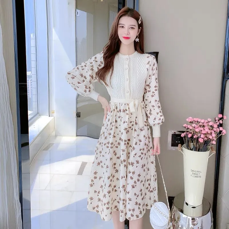 Autumn knitted bottoming dress with coat, women's autumn and winter clothing 2023 new dress bottoming floral long skirt