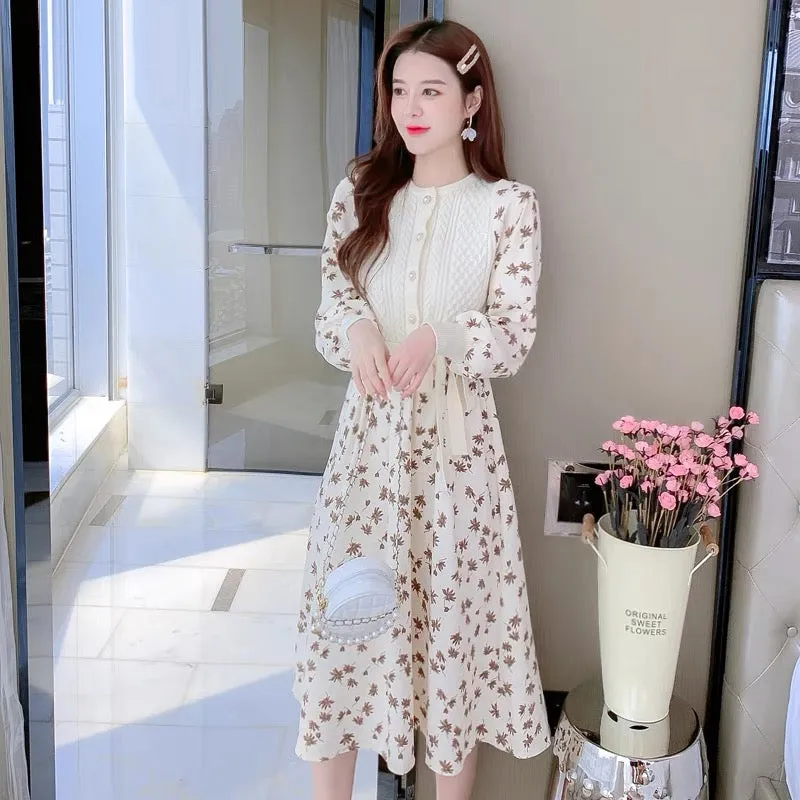 Autumn knitted bottoming dress with coat, women's autumn and winter clothing 2023 new dress bottoming floral long skirt