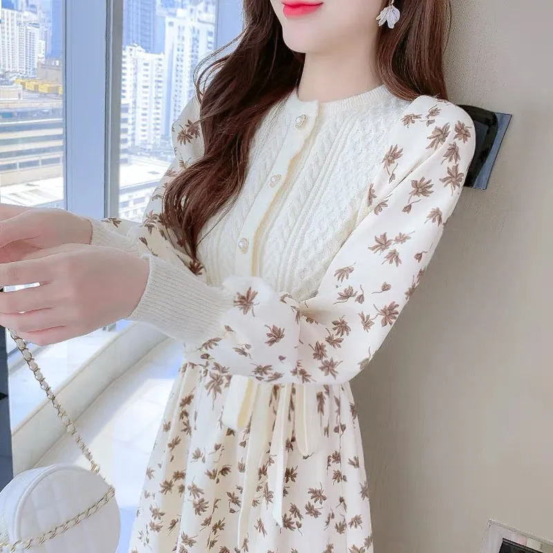 Autumn knitted bottoming dress with coat, women's autumn and winter clothing 2023 new dress bottoming floral long skirt