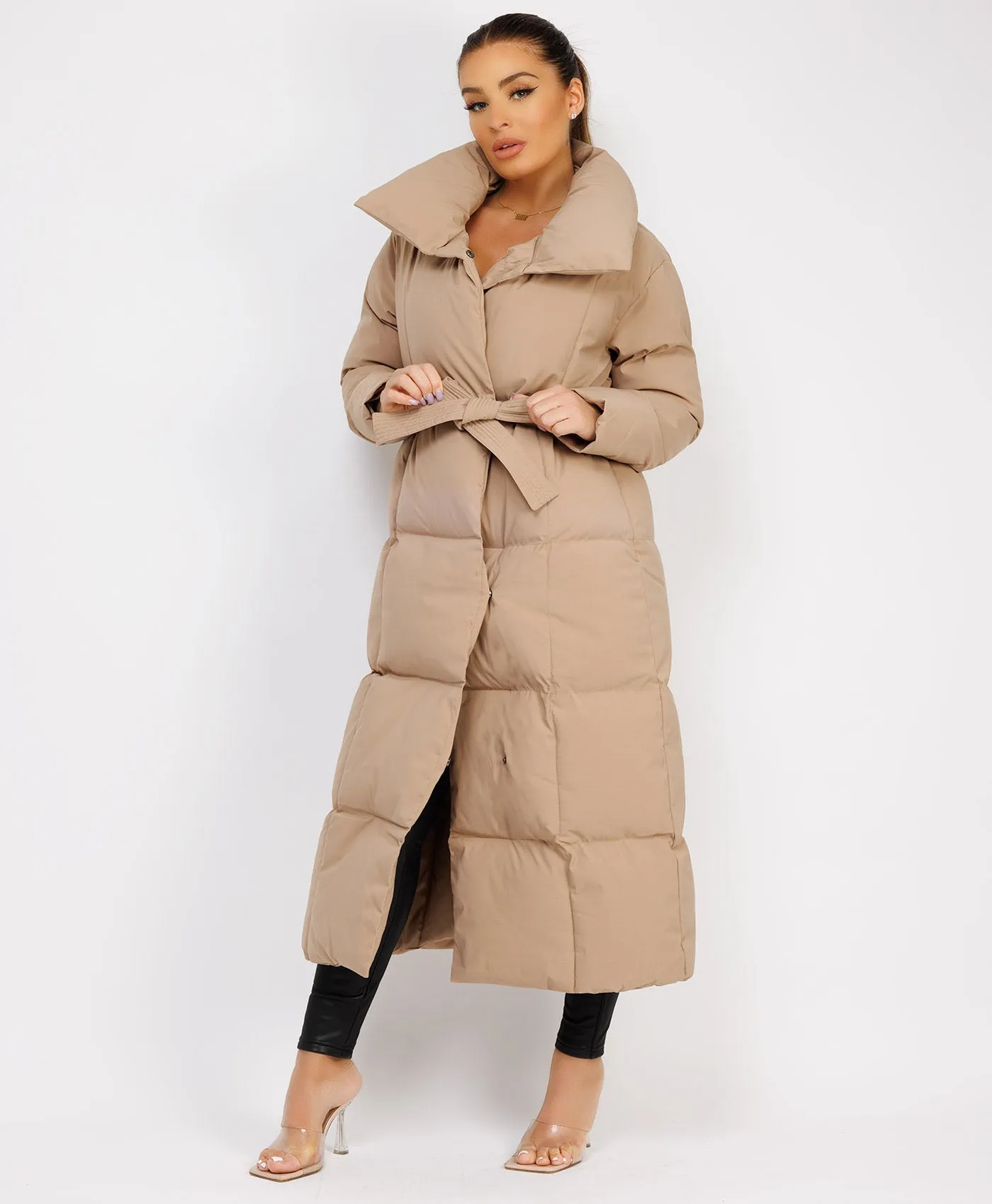 Beige Longline Padded Puffer Tied Waist Duvet Coat