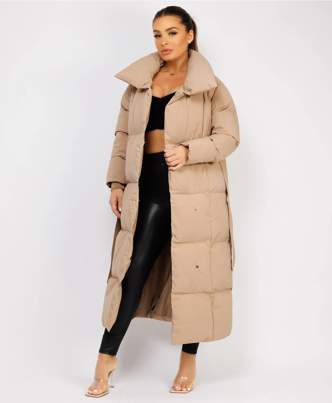 Beige Longline Padded Puffer Tied Waist Duvet Coat