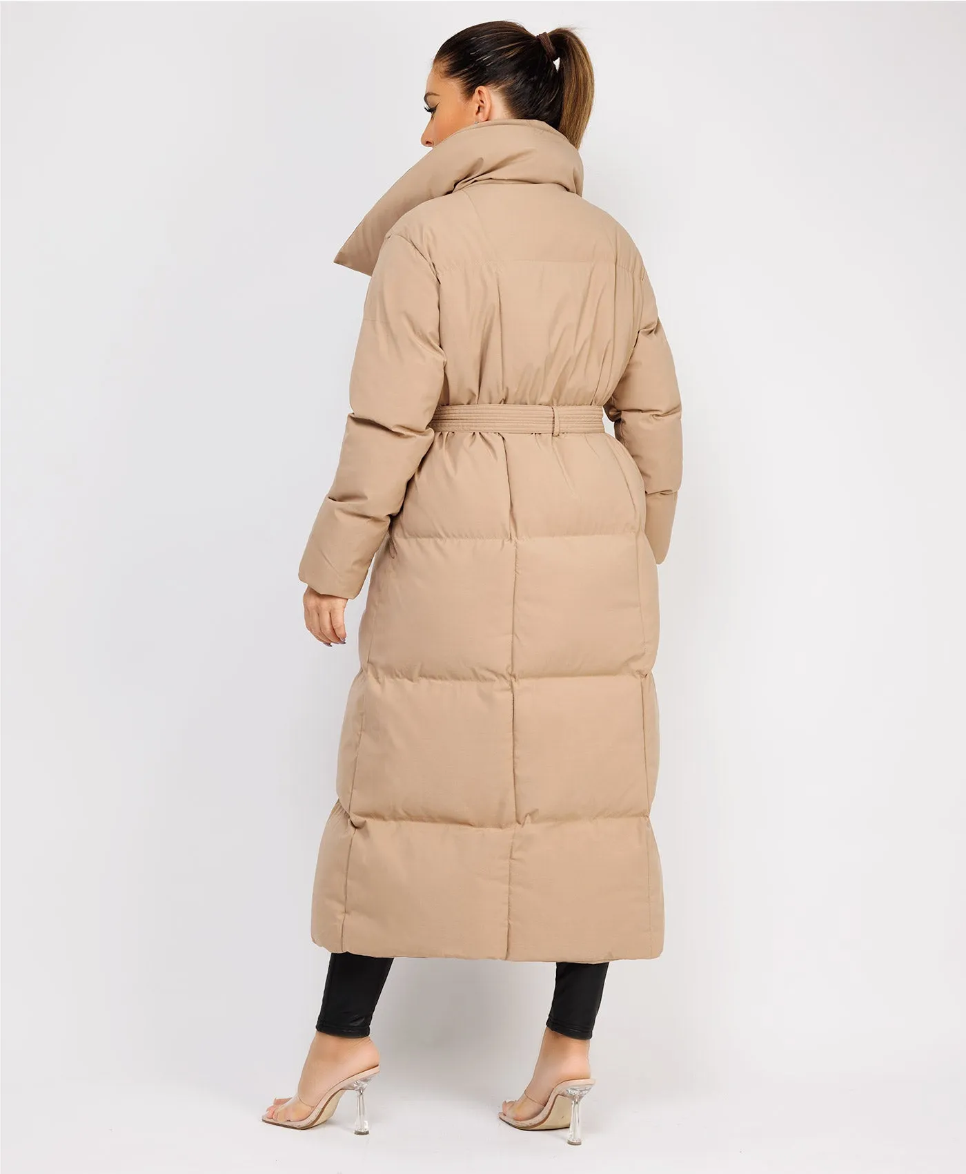 Beige Longline Padded Puffer Tied Waist Duvet Coat