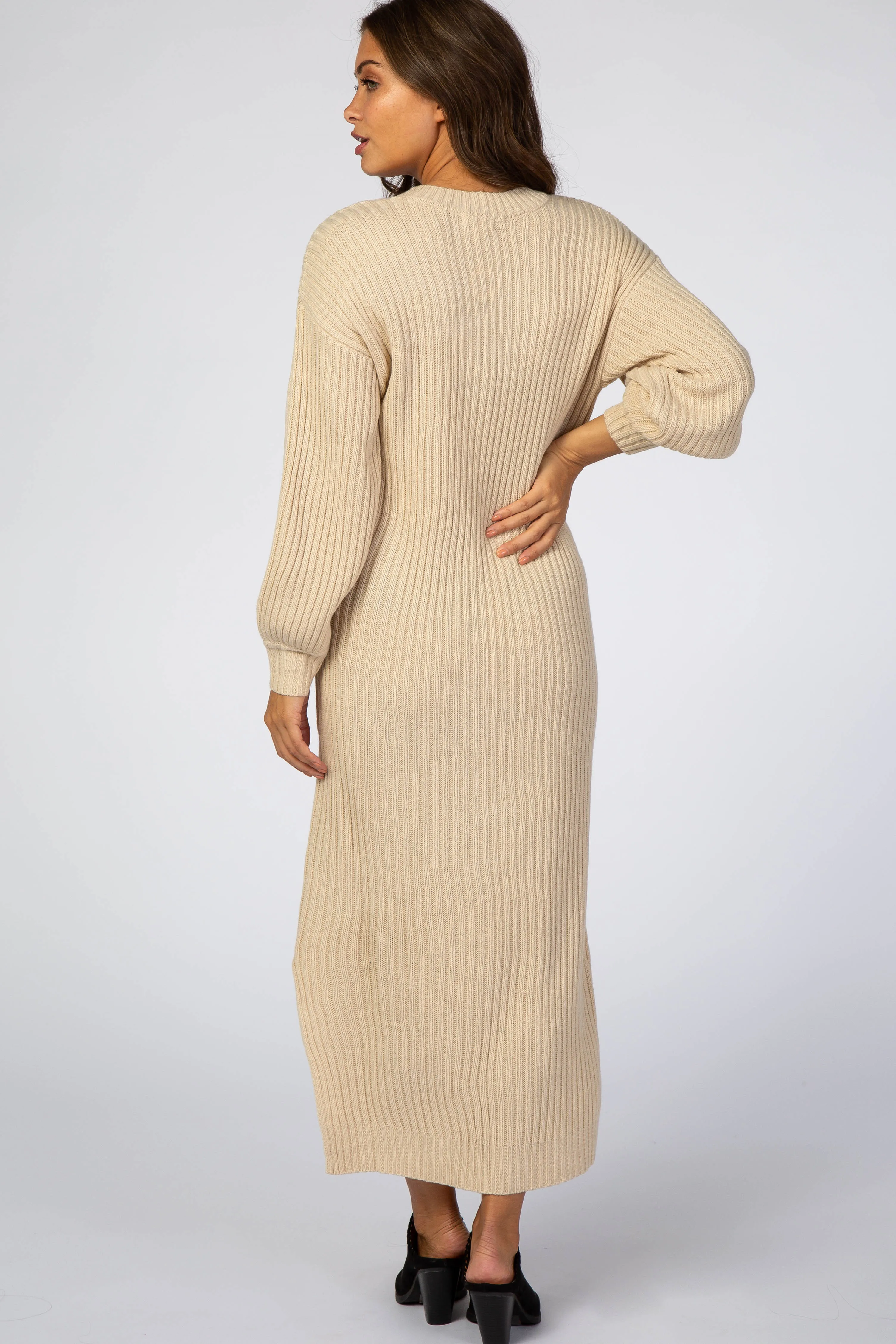 Beige V-Neck Ribbed Maternity Sweater Dress