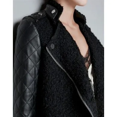 Bimaterial Leather Wool Jacket for Women with PU Leather Sleeves