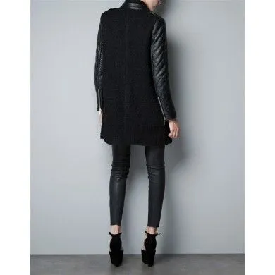 Bimaterial Leather Wool Jacket for Women with PU Leather Sleeves