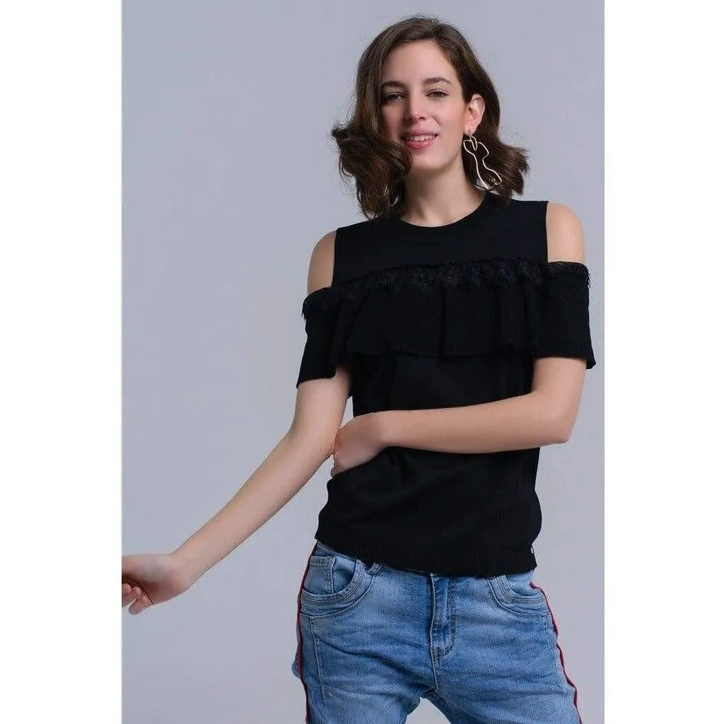 Black Cold Shoulder Sweater with Ruffle and Lace