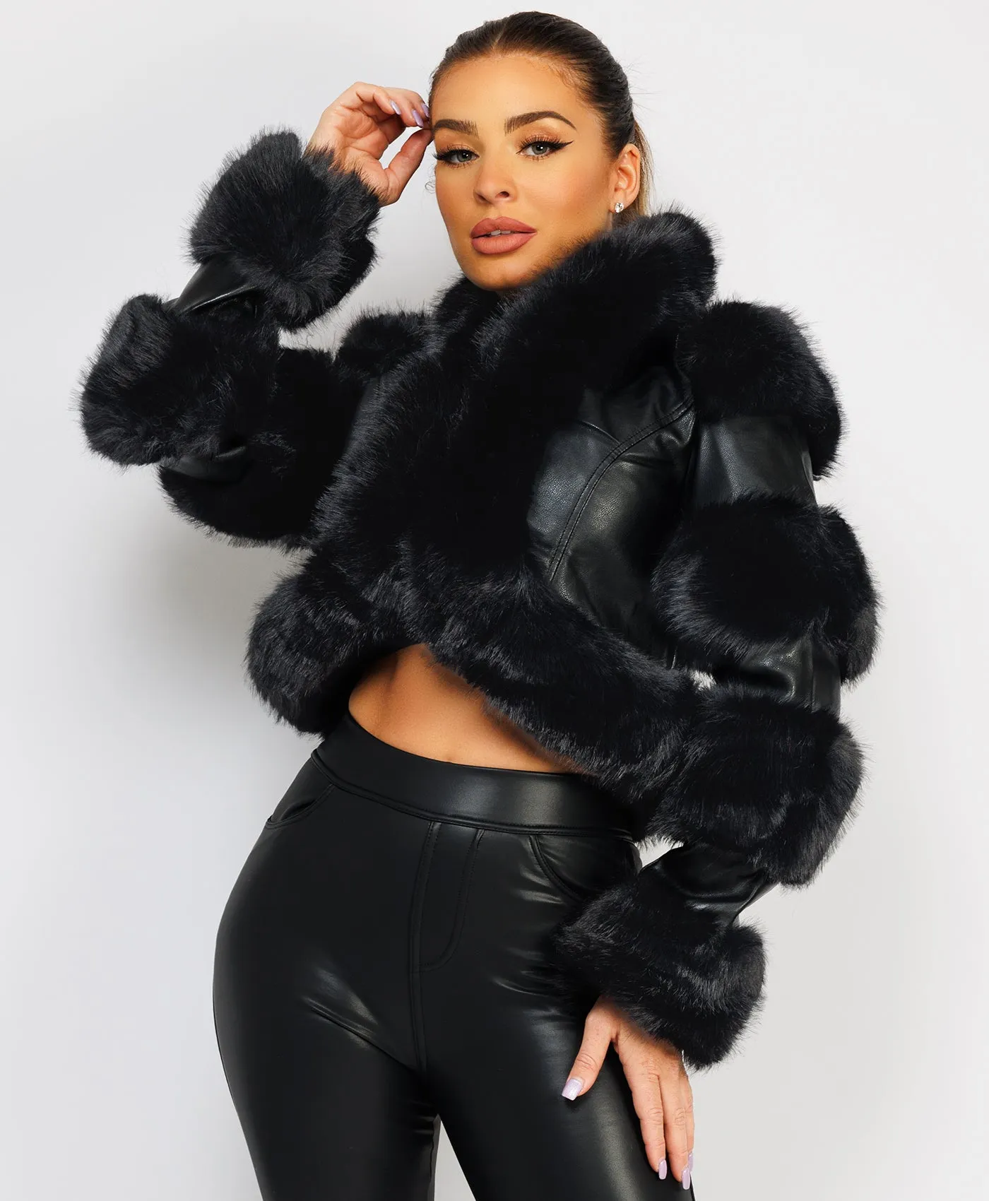 Black Cropped Faux Fur Vegan Leather Coat Jacket