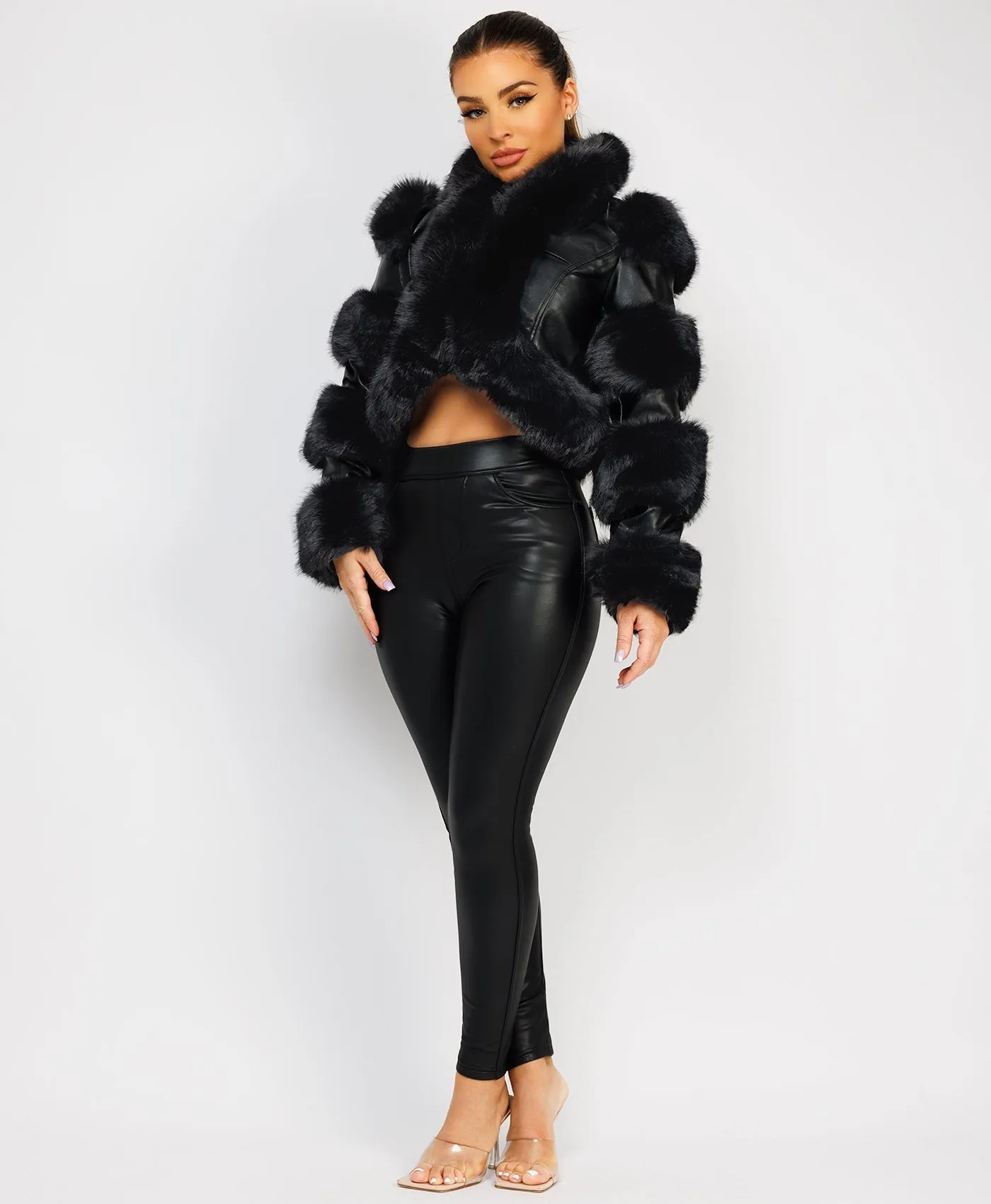 Black Cropped Faux Fur Vegan Leather Coat Jacket