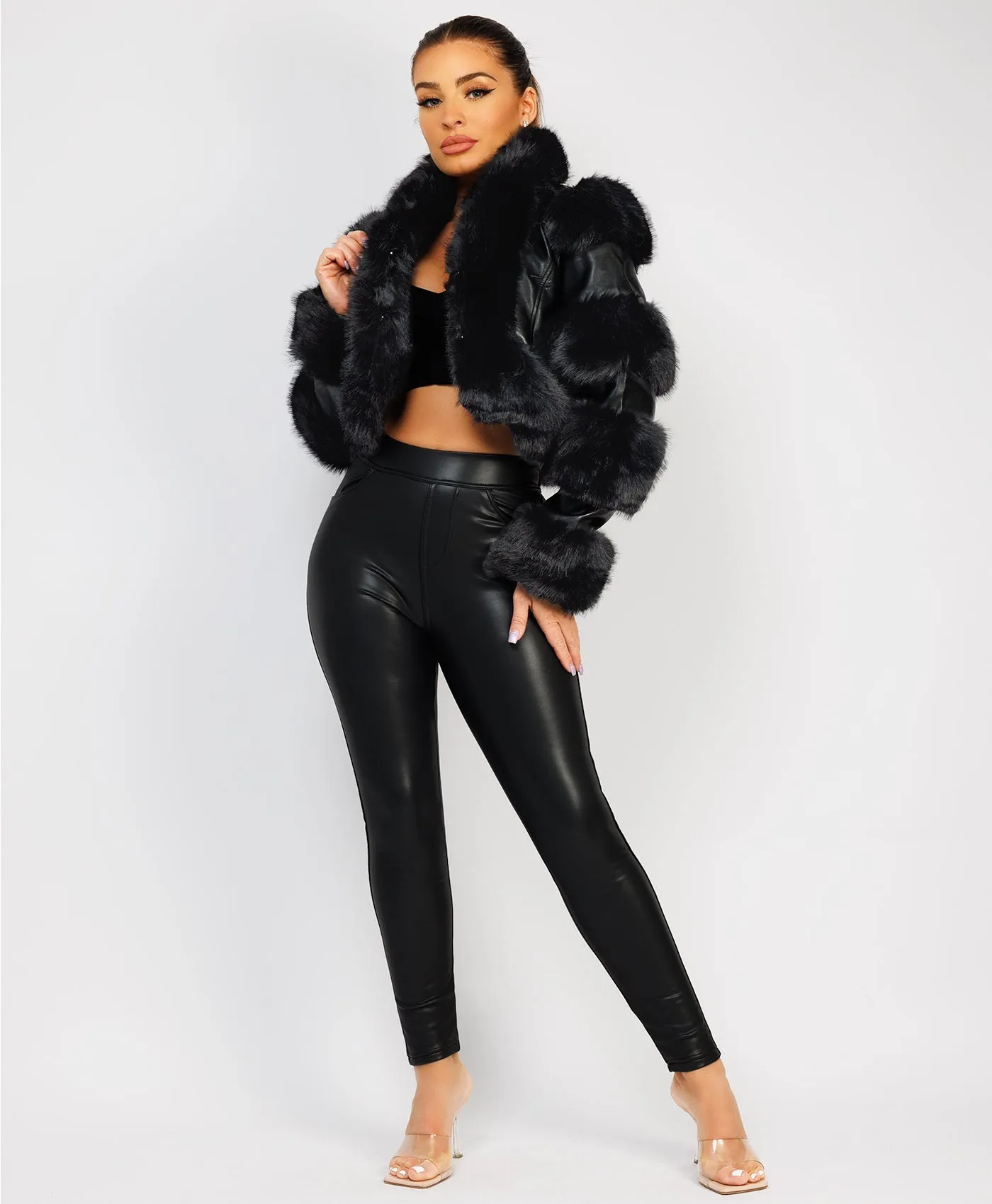 Black Cropped Faux Fur Vegan Leather Coat Jacket