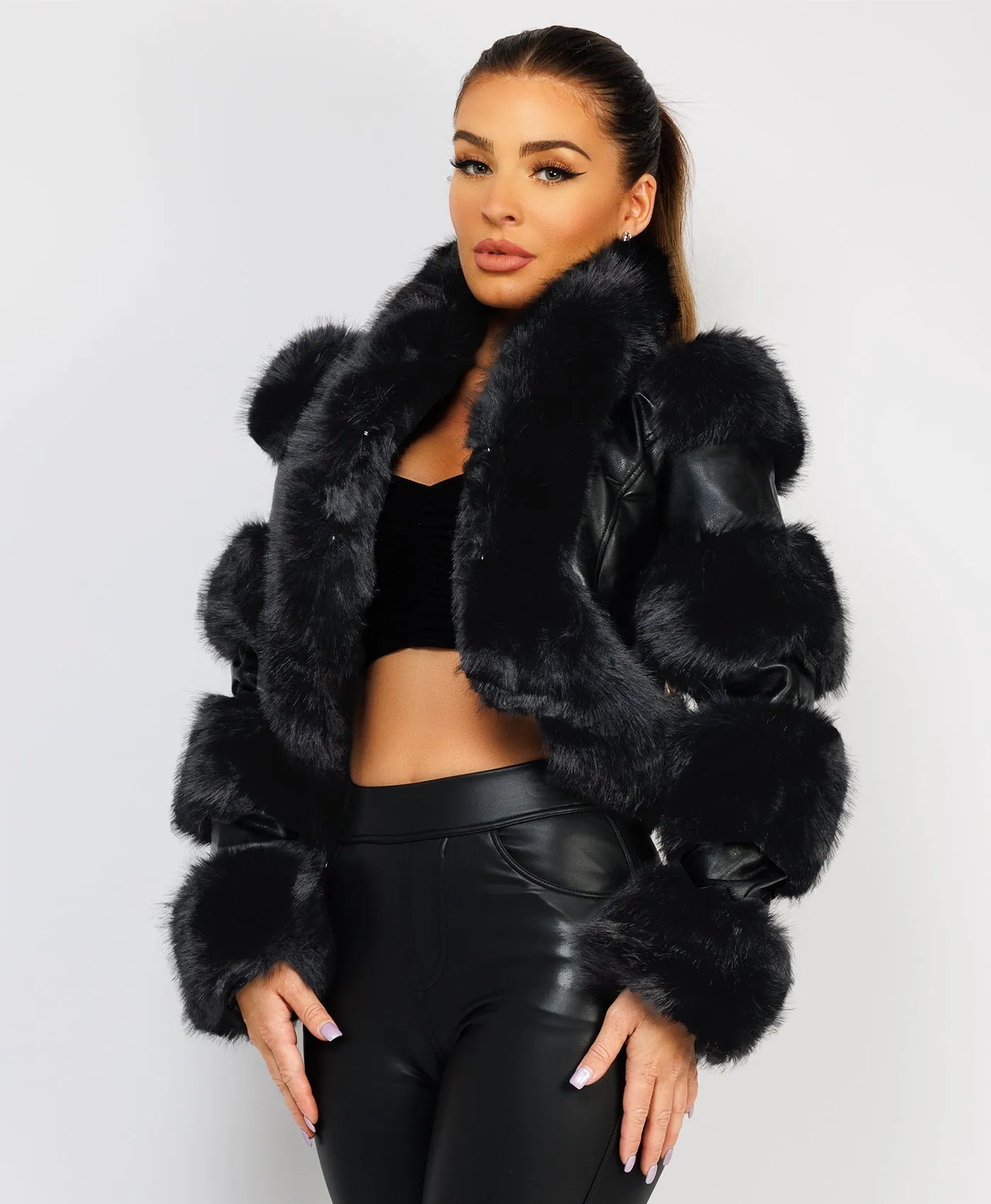 Black Cropped Faux Fur Vegan Leather Coat Jacket