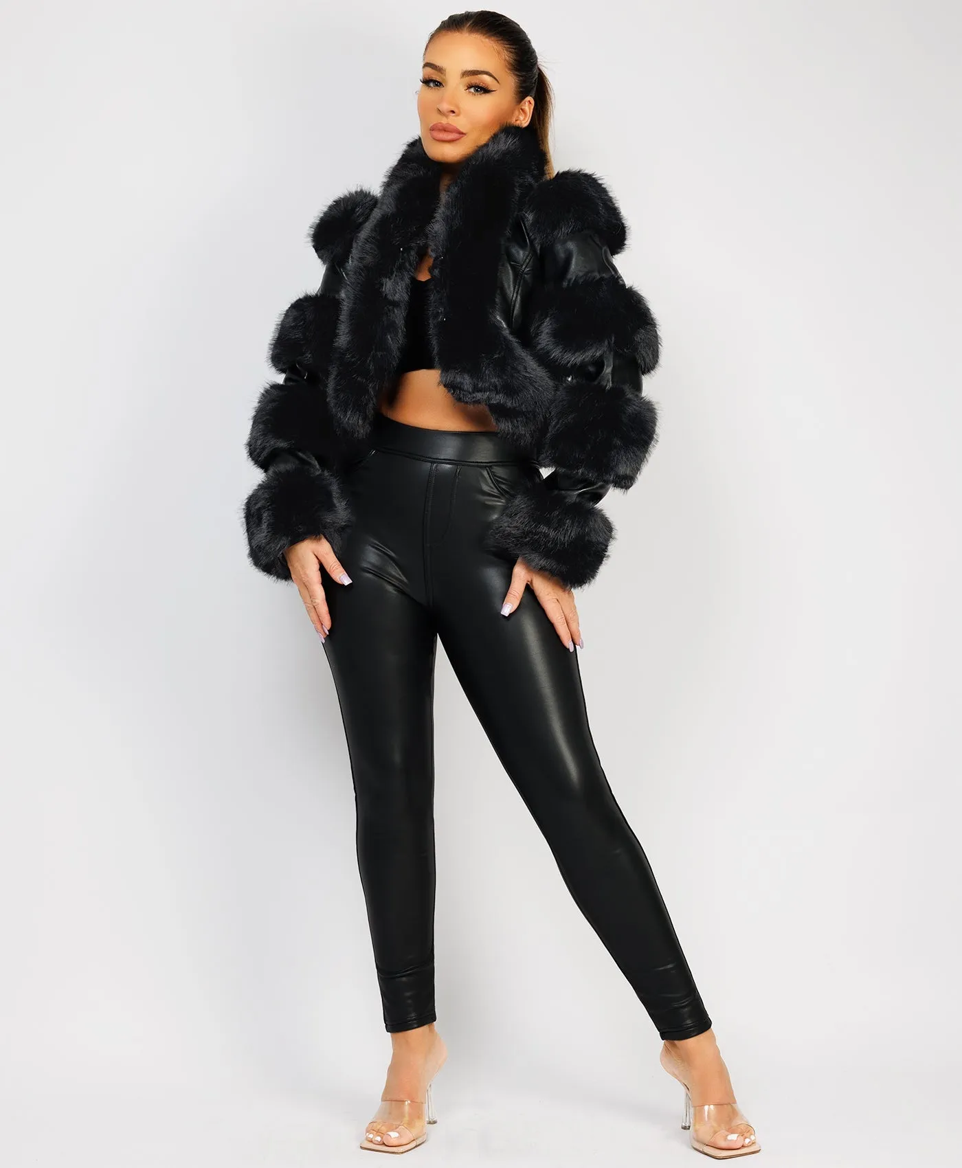 Black Cropped Faux Fur Vegan Leather Coat Jacket