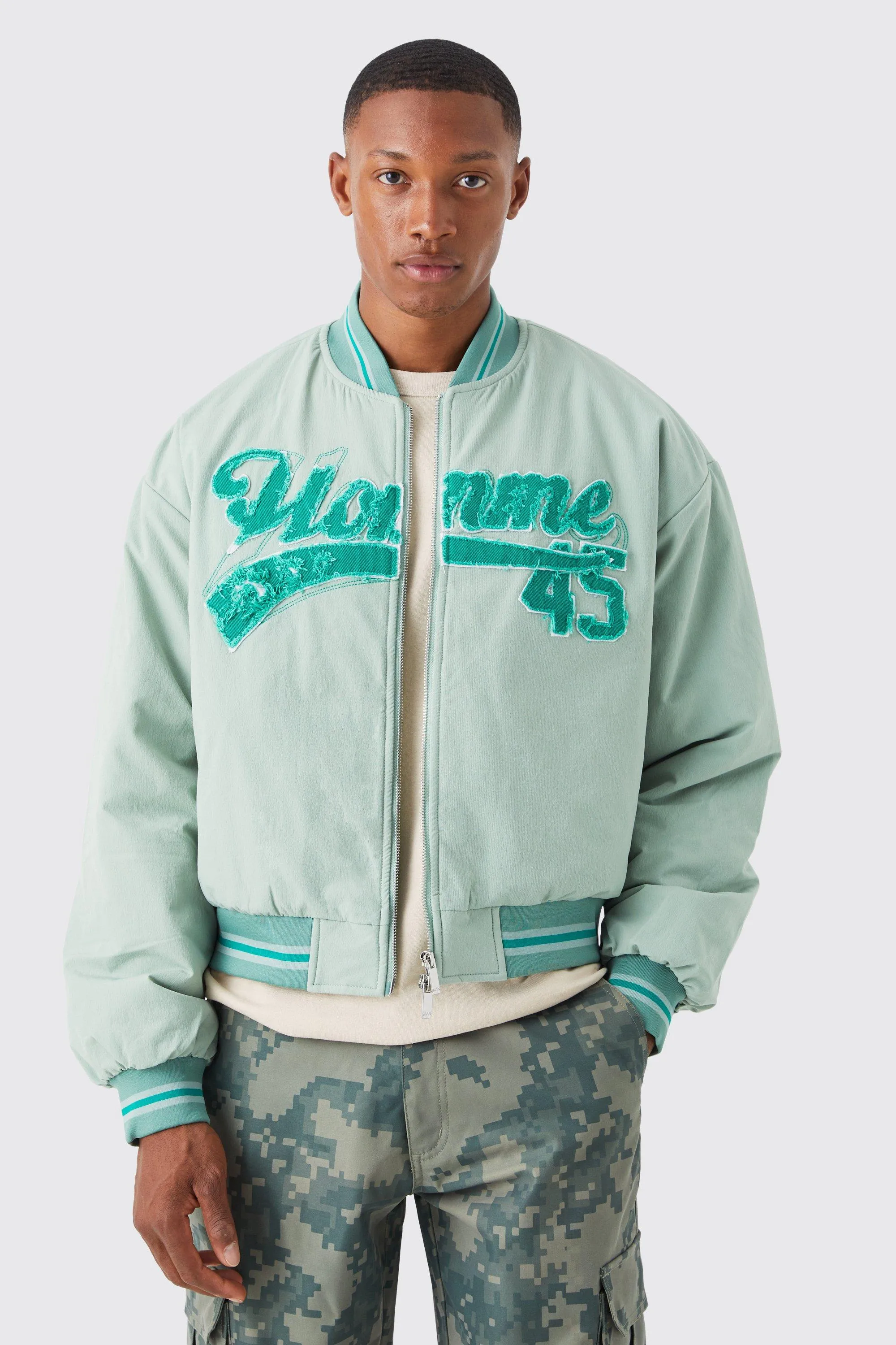 Boxy Homme Washed Nylon Varsity Jacket | boohooMAN UK