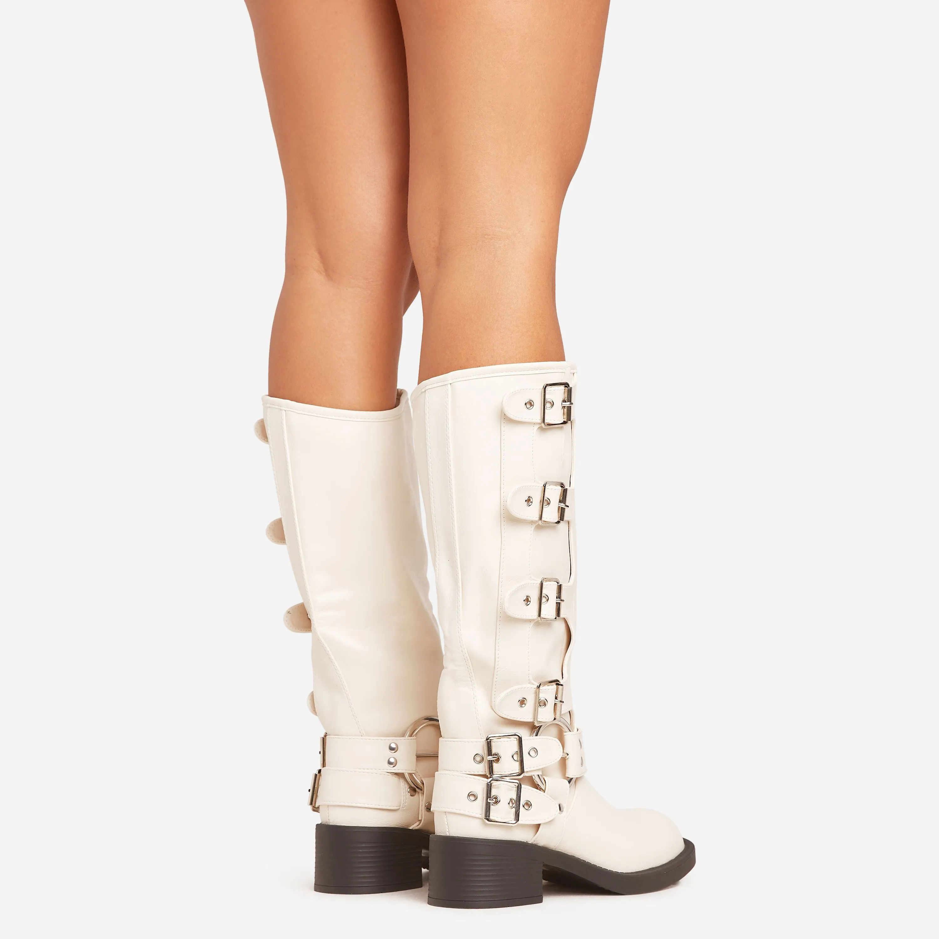 Buckle-Down Side Buckle Detail Mid Calf Biker Boot In Cream Faux Leather