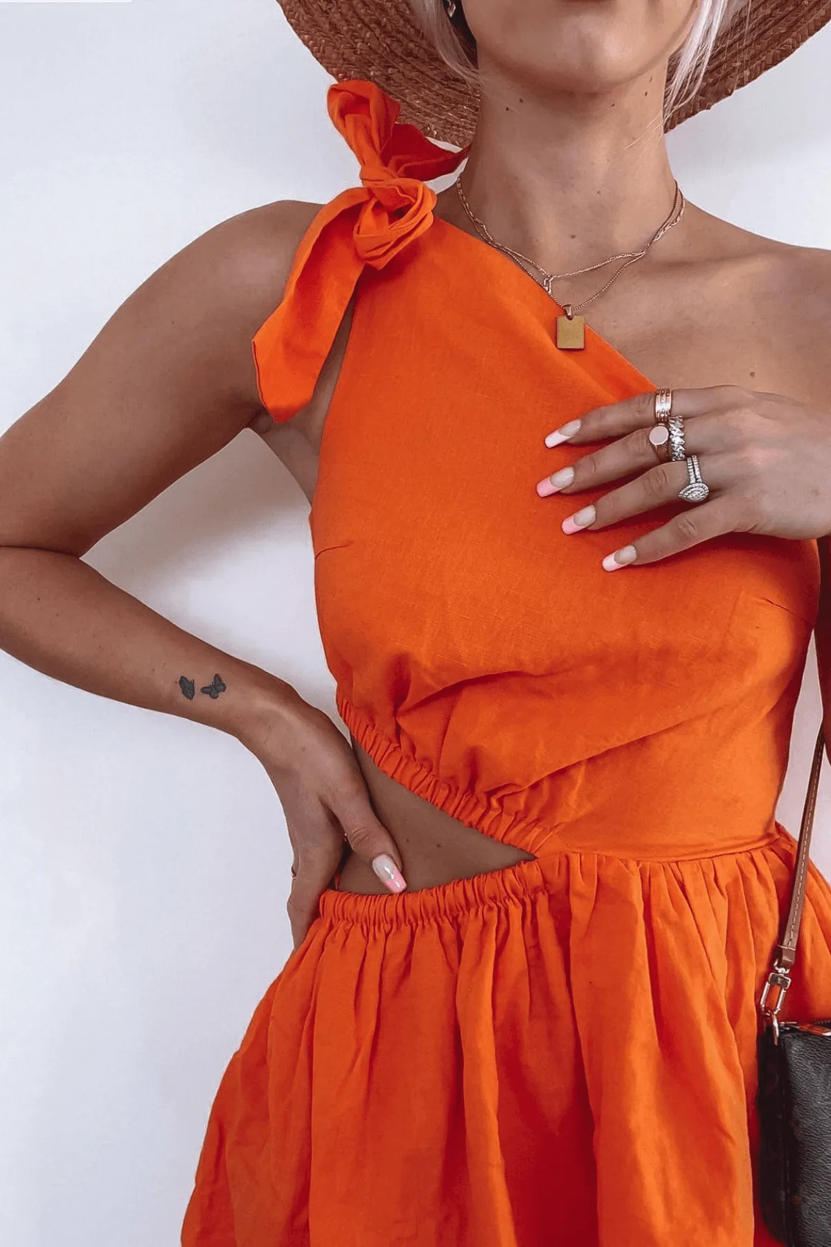 BY NICOLA Gabriella One Shoulder Midi Dress (Sunkissed Orange)