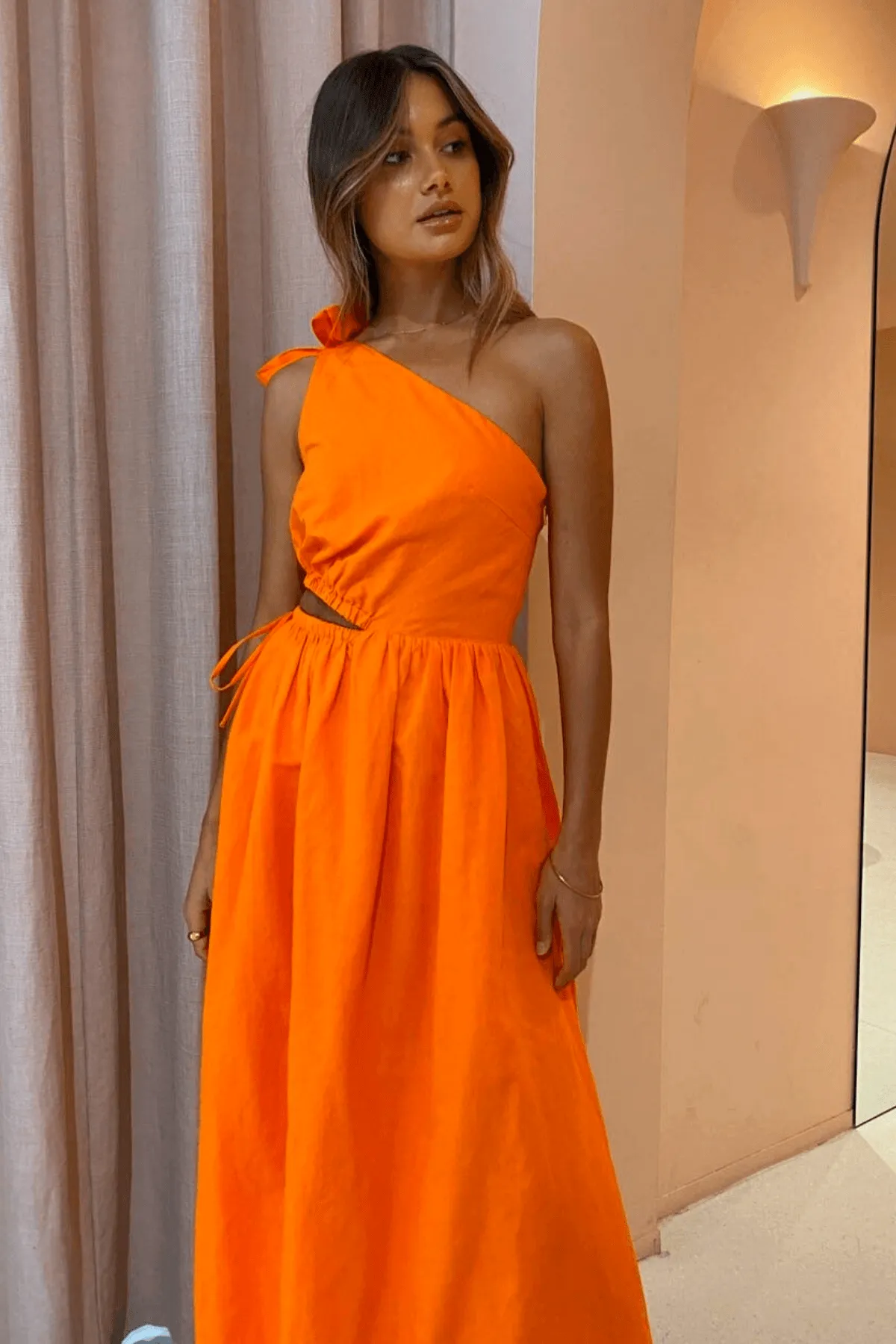 BY NICOLA Gabriella One Shoulder Midi Dress (Sunkissed Orange)