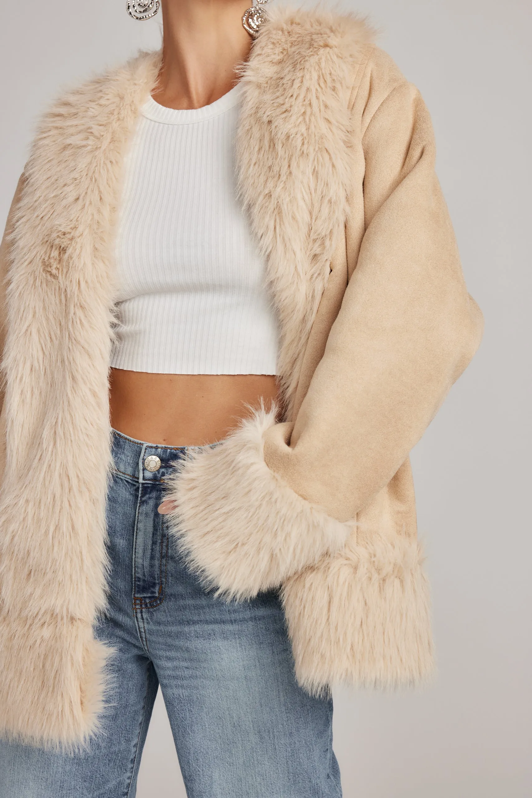 Catherine Beige Faux Fur Trim Coat