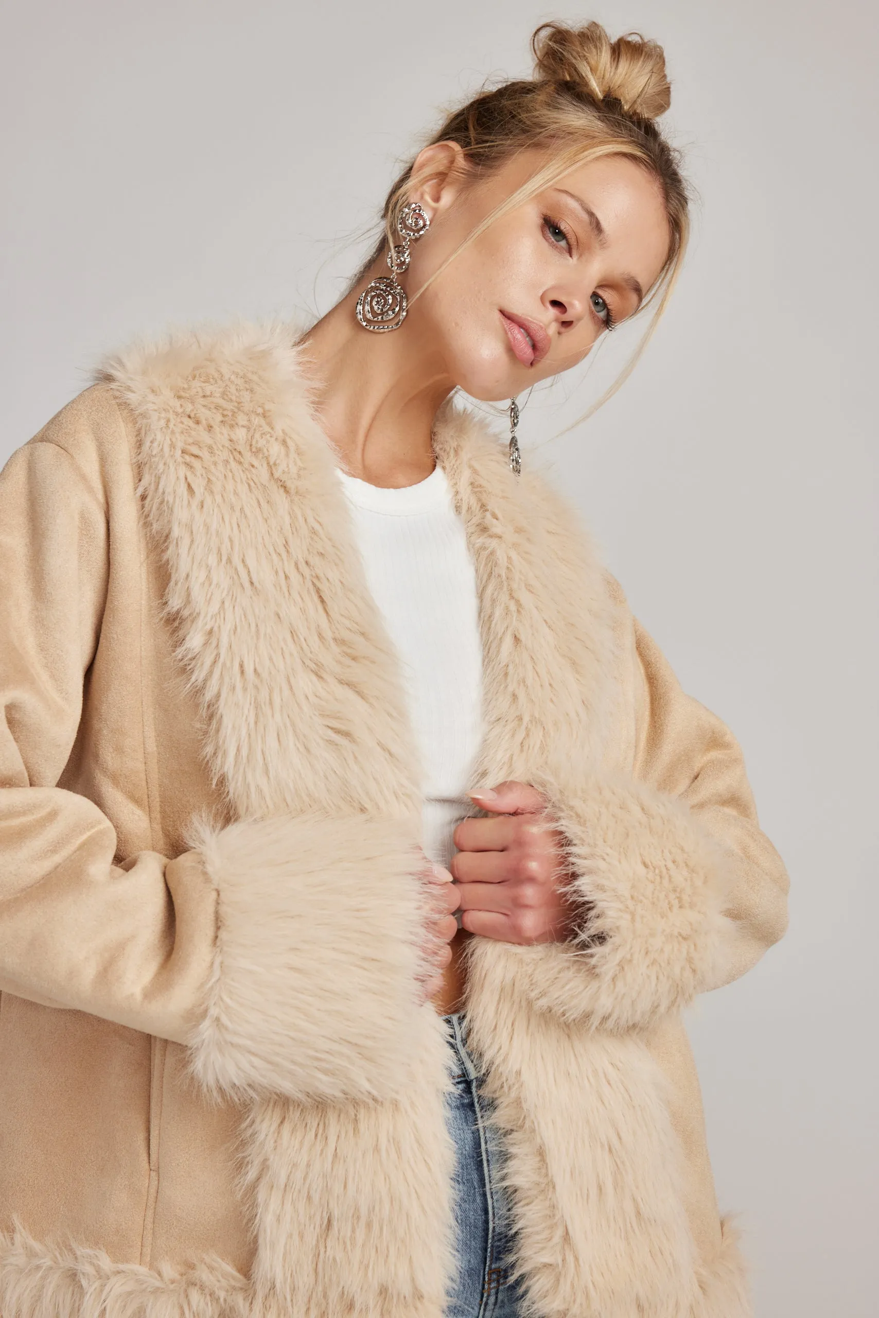 Catherine Beige Faux Fur Trim Coat