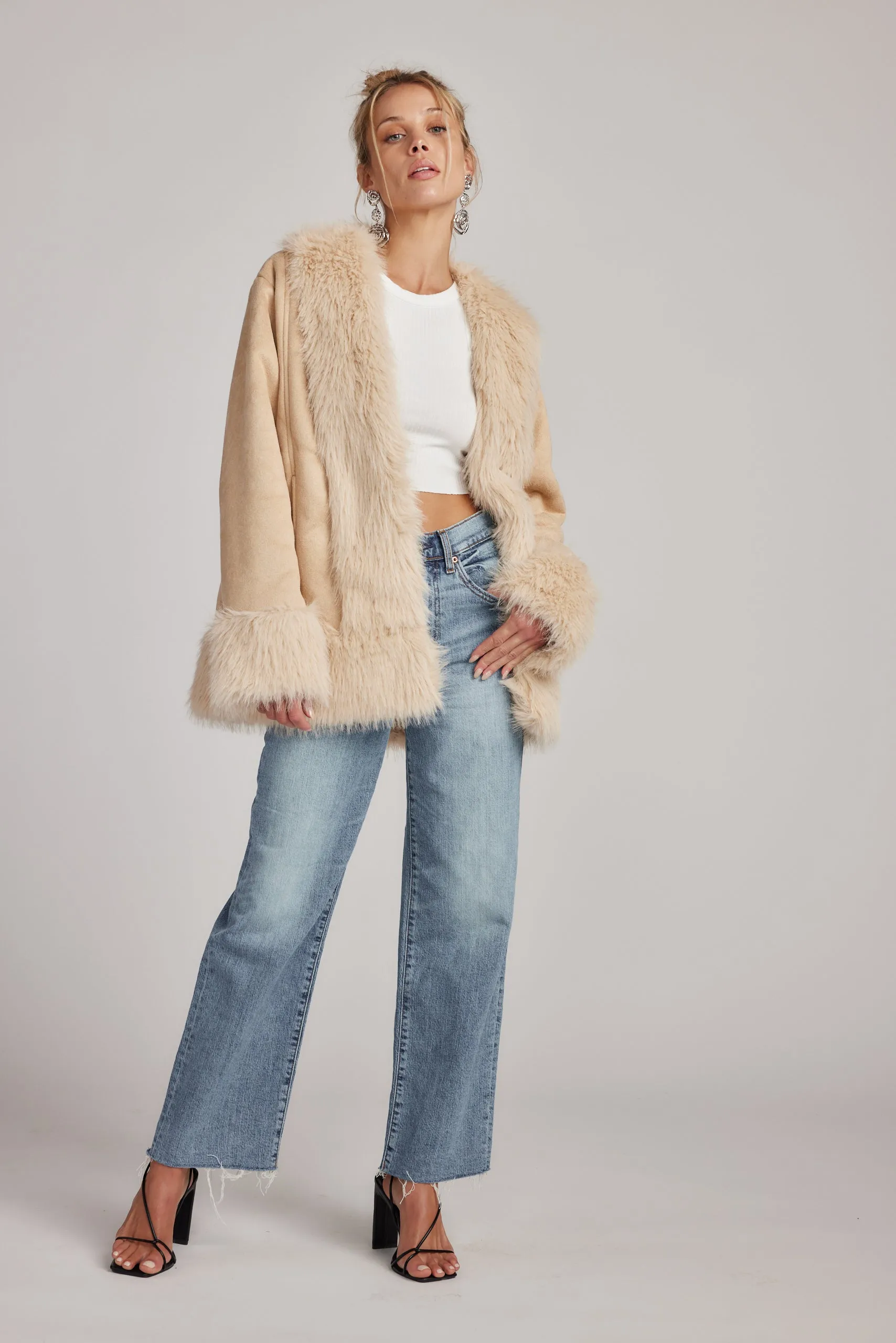 Catherine Beige Faux Fur Trim Coat