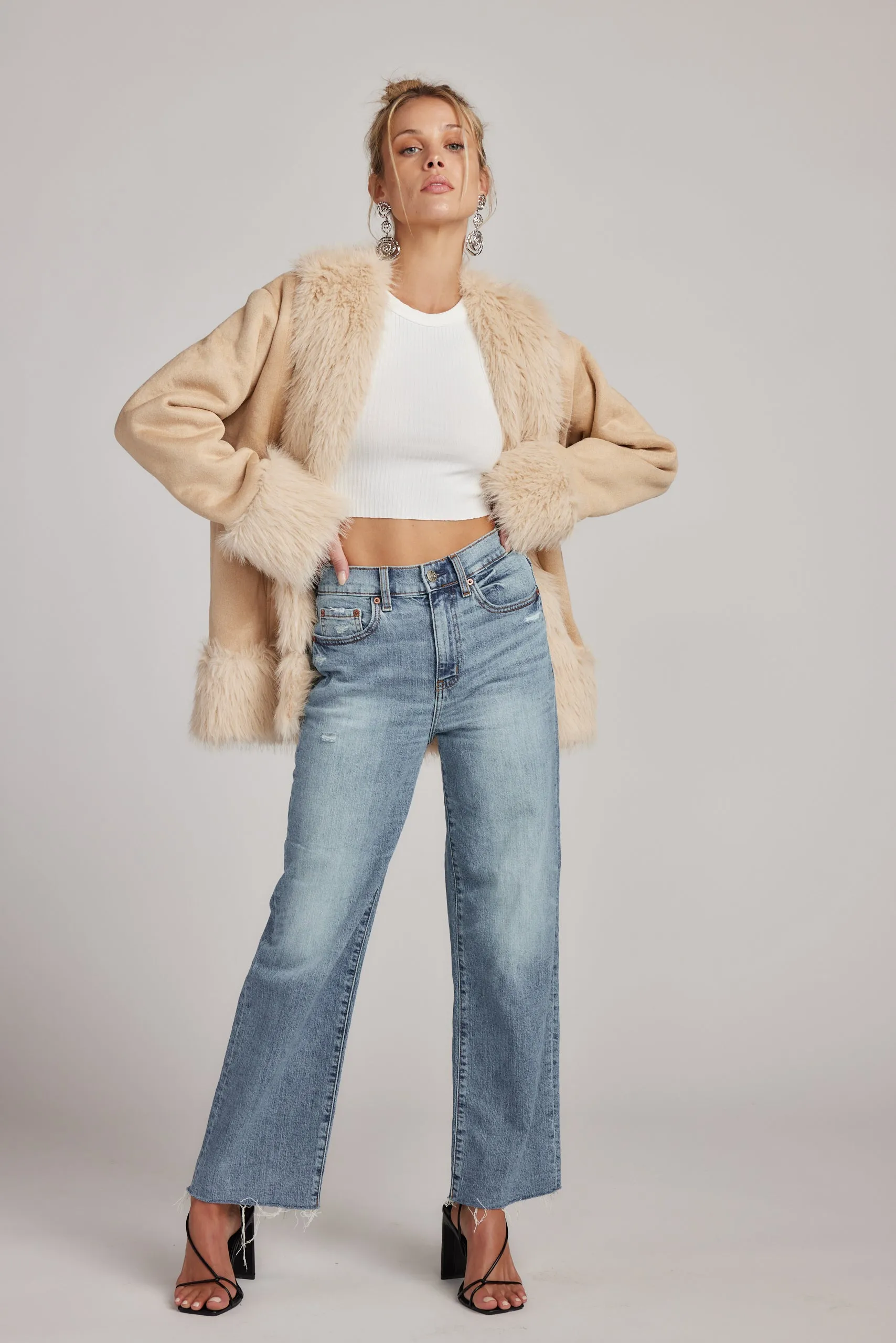 Catherine Beige Faux Fur Trim Coat