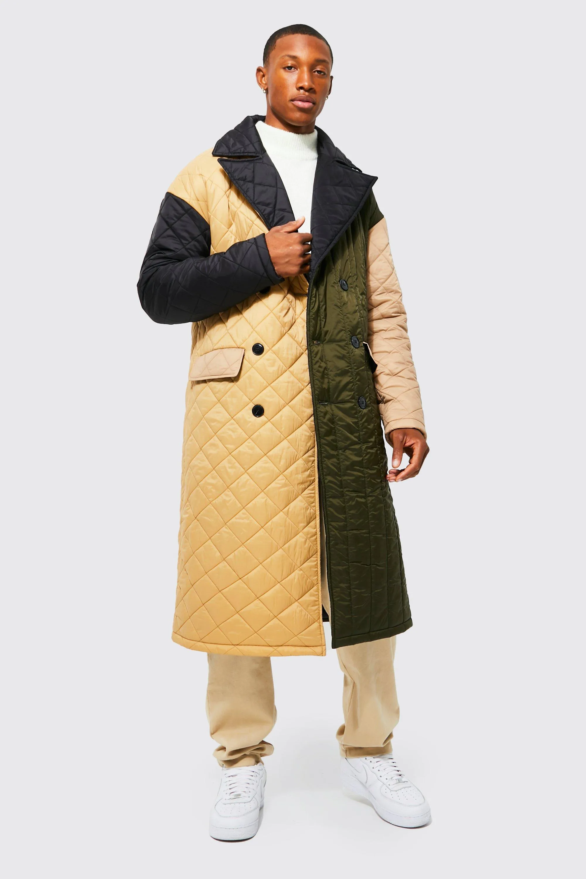 Colourblock Double Breasted Nylon Overcoat