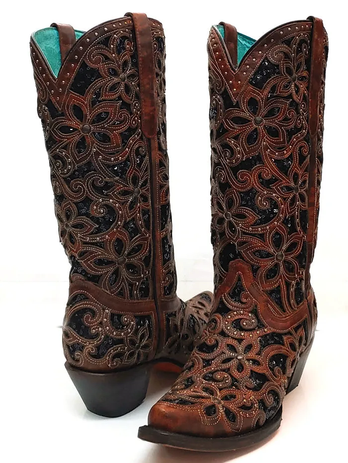 Corral A4083 Ladies Inlay Embroidery Stud Snip Toe Leather Boots Tan And Black