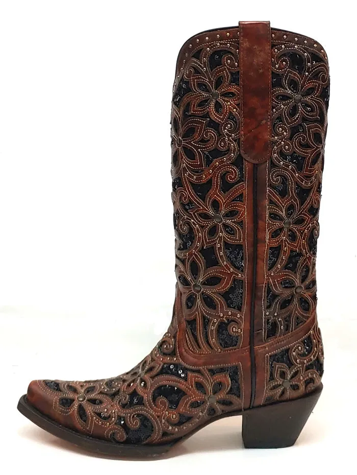 Corral A4083 Ladies Inlay Embroidery Stud Snip Toe Leather Boots Tan And Black