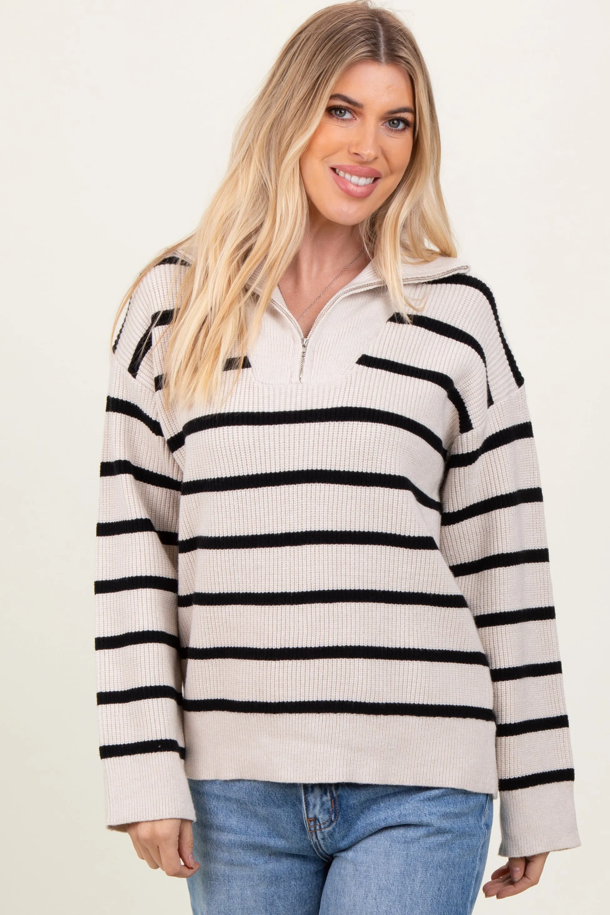 Cream Black Striped Knit Half Zip Sweater