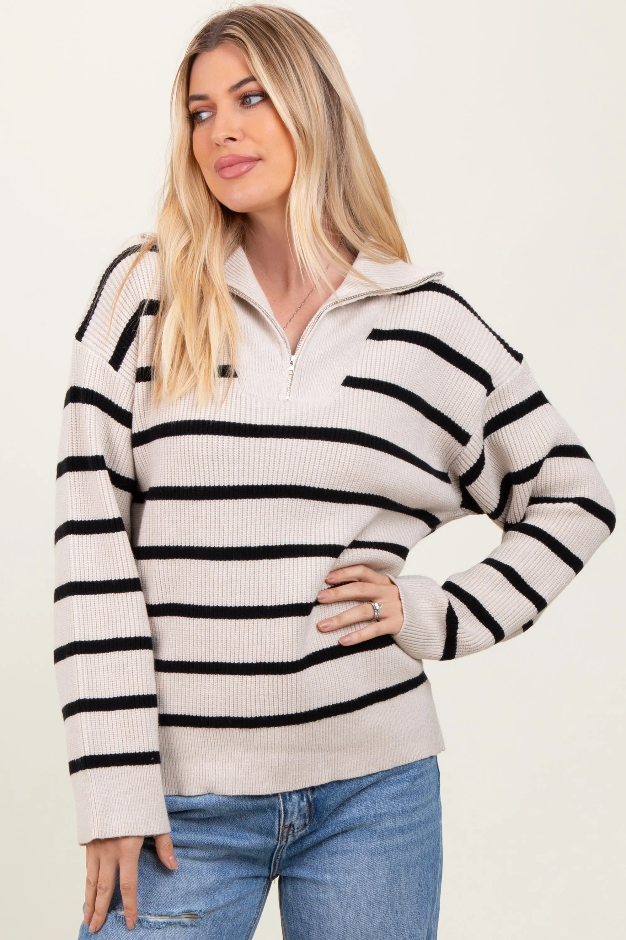 Cream Black Striped Knit Half Zip Sweater