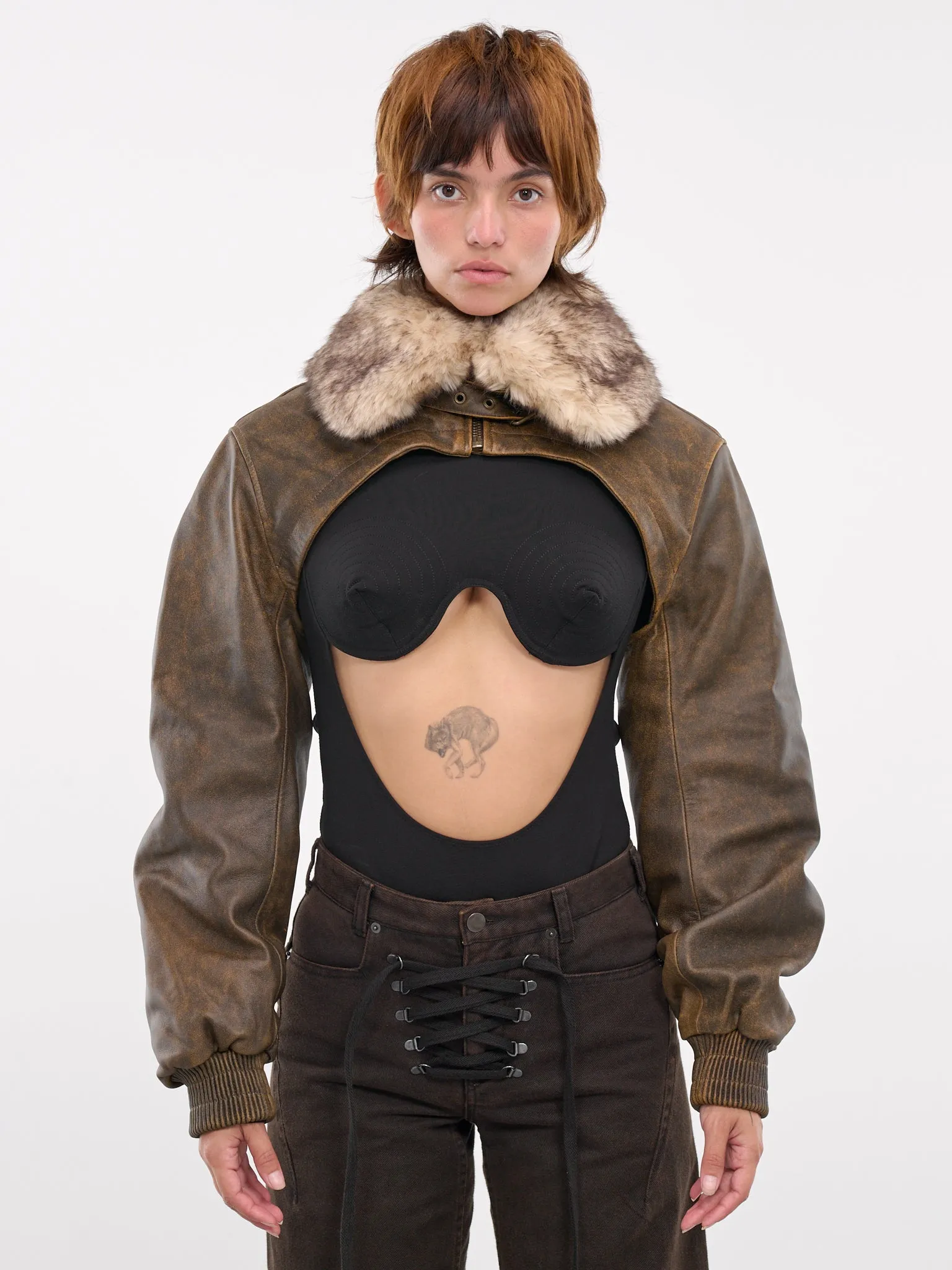 Cropped Leather Bomber Jacket (VAQ08J007-VEILLI-BROWN)