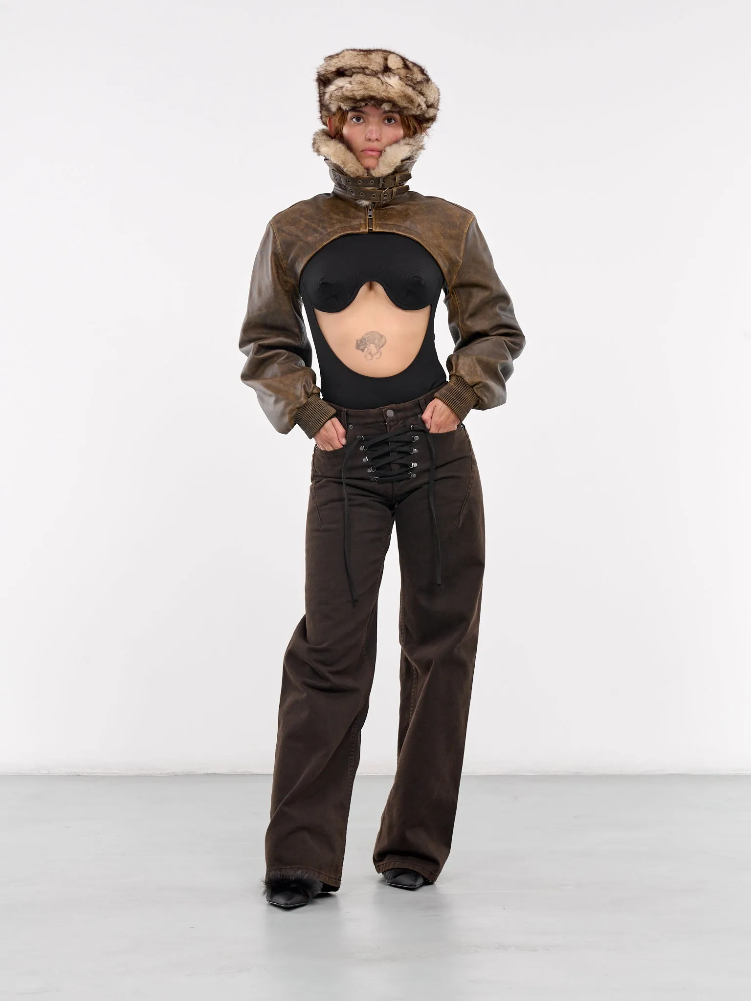 Cropped Leather Bomber Jacket (VAQ08J007-VEILLI-BROWN)