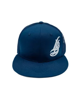 Cursive LB White On Navy Trucker Hat