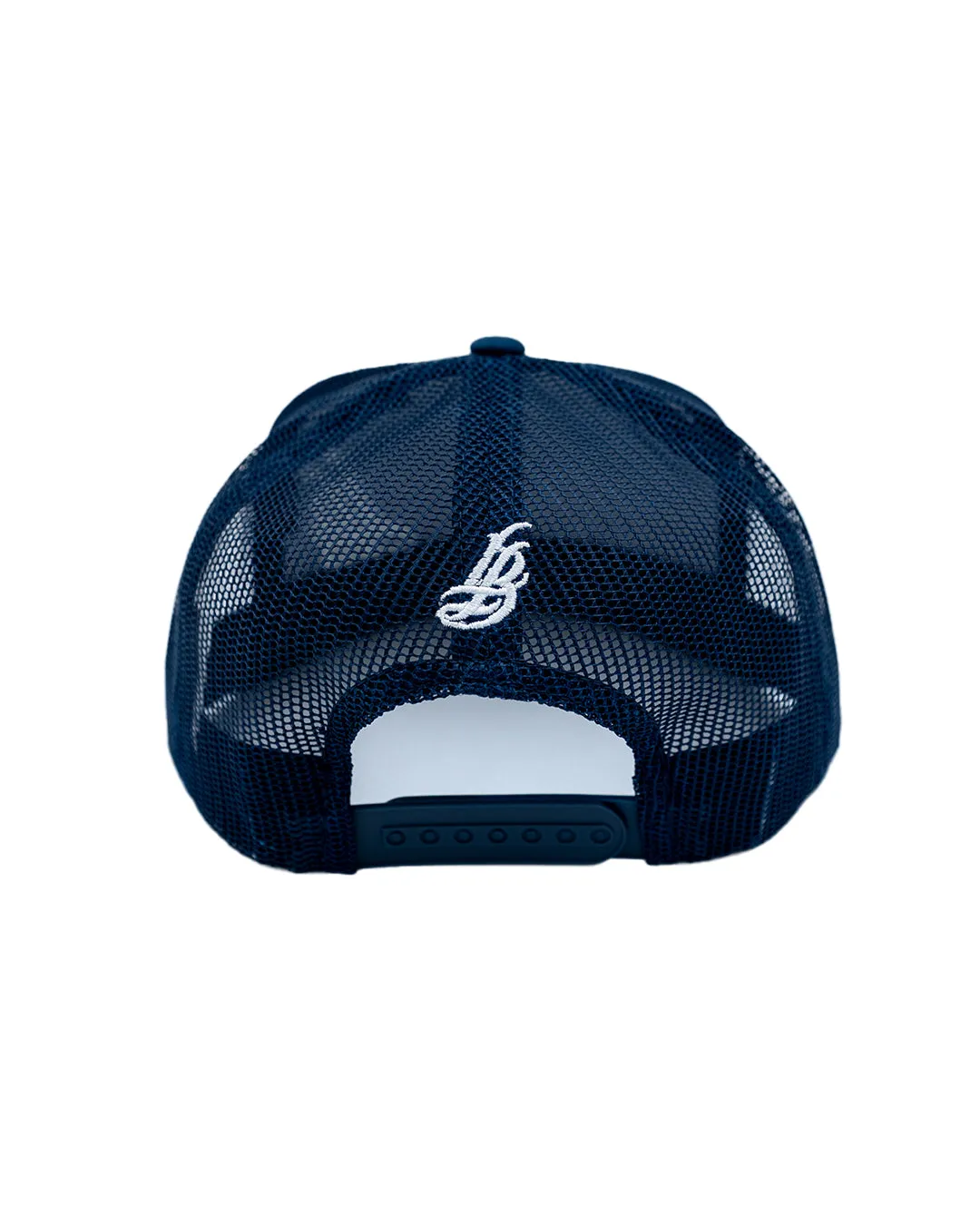 Cursive LB White On Navy Trucker Hat