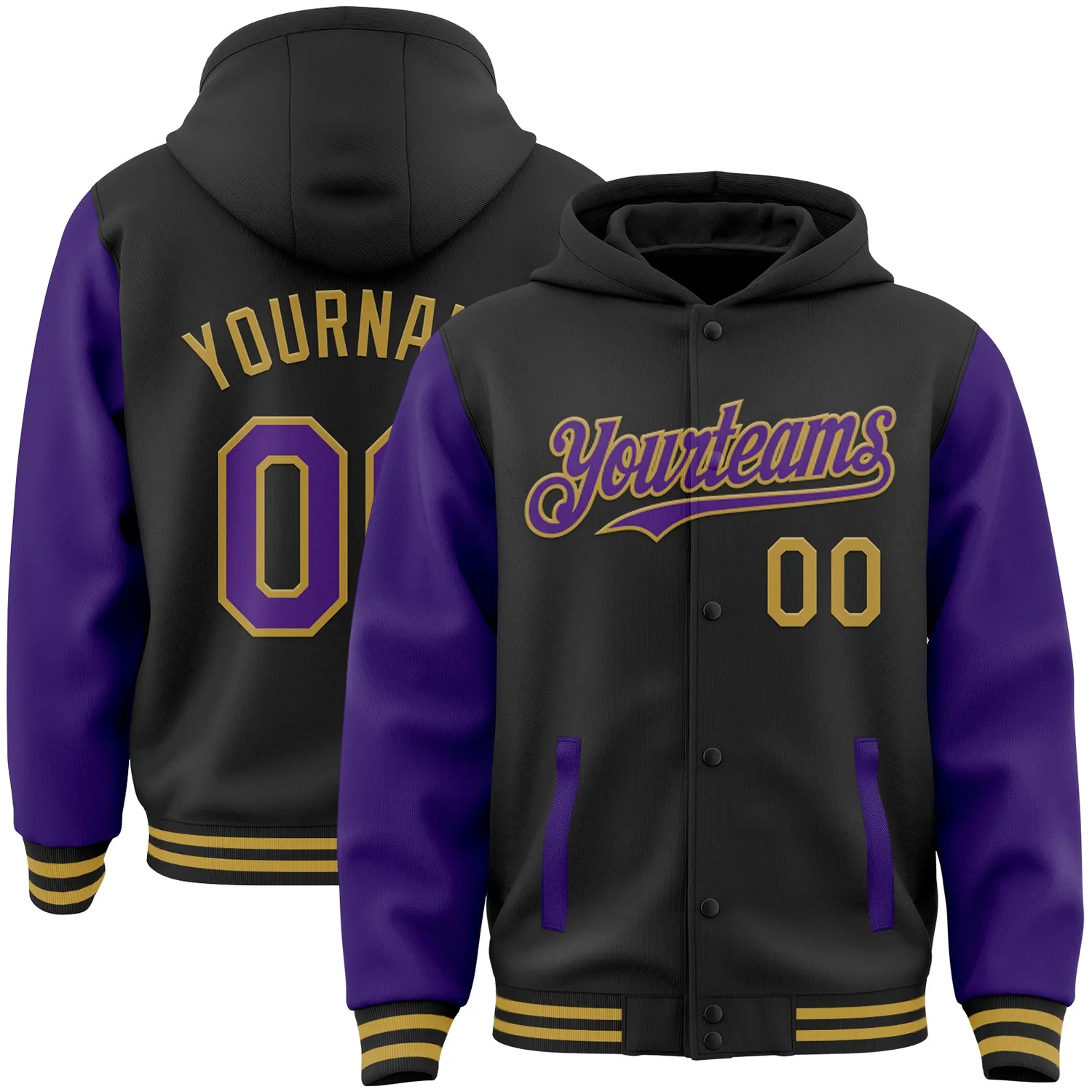 Custom Black Purple-Old Gold Bomber Full-Snap Varsity Letterman Two Tone Hoodie Jacket