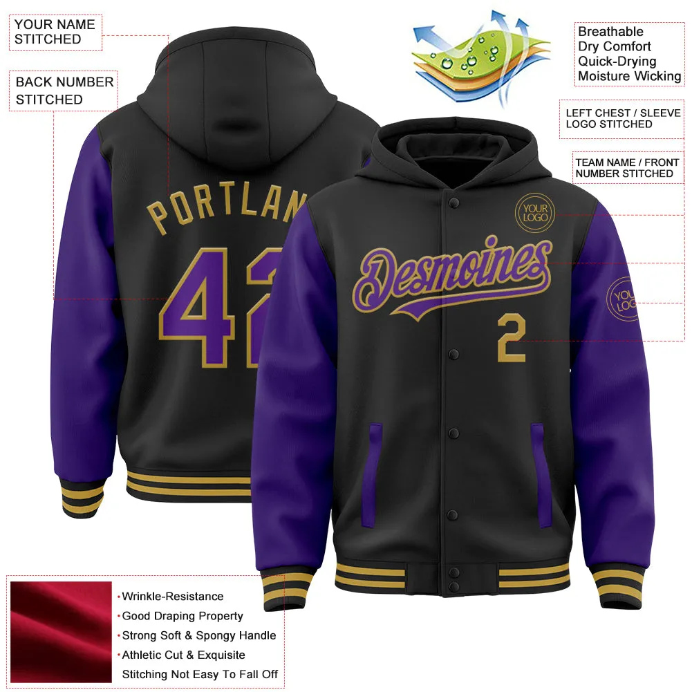 Custom Black Purple-Old Gold Bomber Full-Snap Varsity Letterman Two Tone Hoodie Jacket