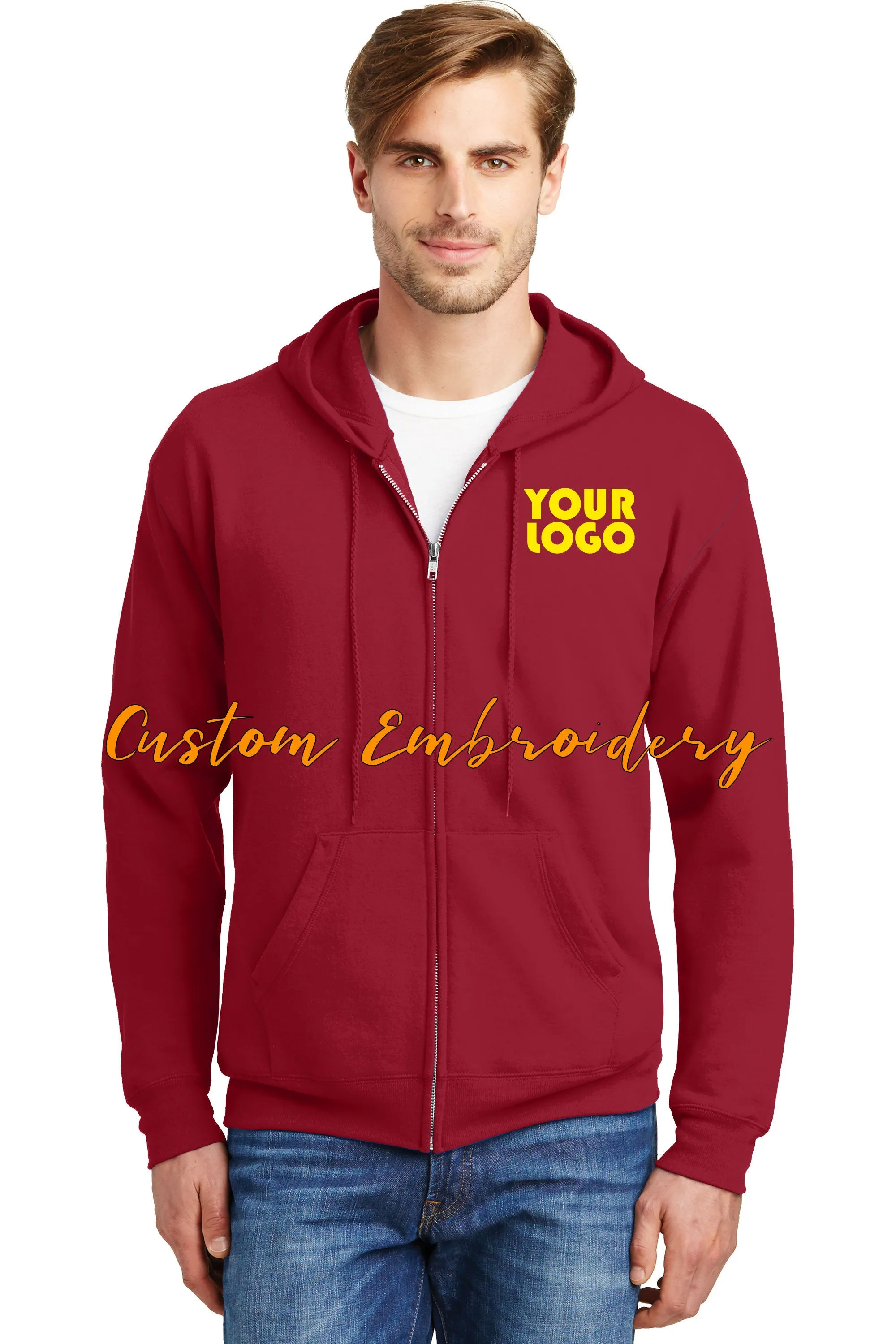 Custom Embroidered Hanes - EcoSmart Full-Zip Hooded Sweatshirt -Personalize with your Logo - 4in x 4in Embroidery Included