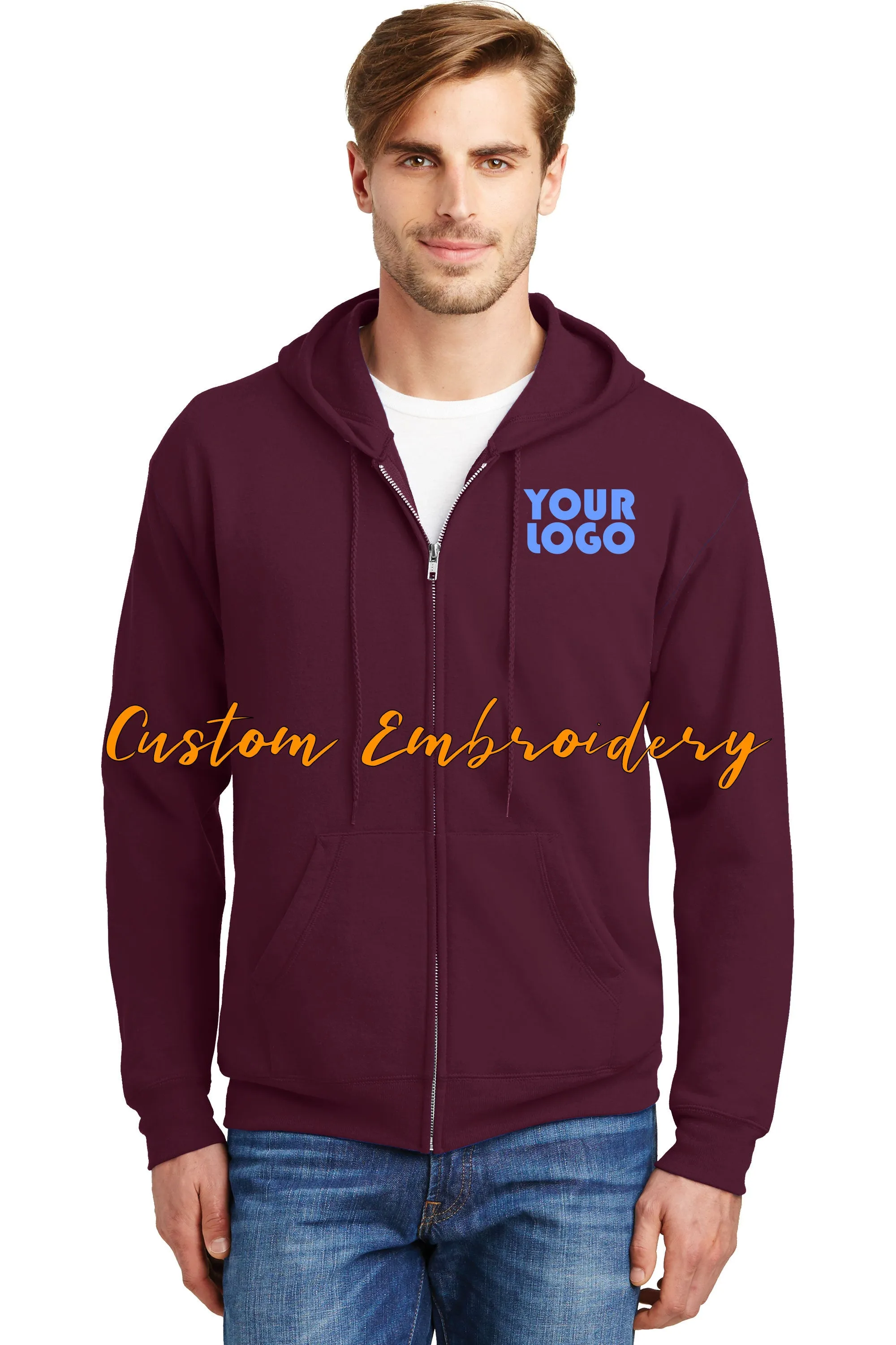 Custom Embroidered Hanes - EcoSmart Full-Zip Hooded Sweatshirt -Personalize with your Logo - 4in x 4in Embroidery Included