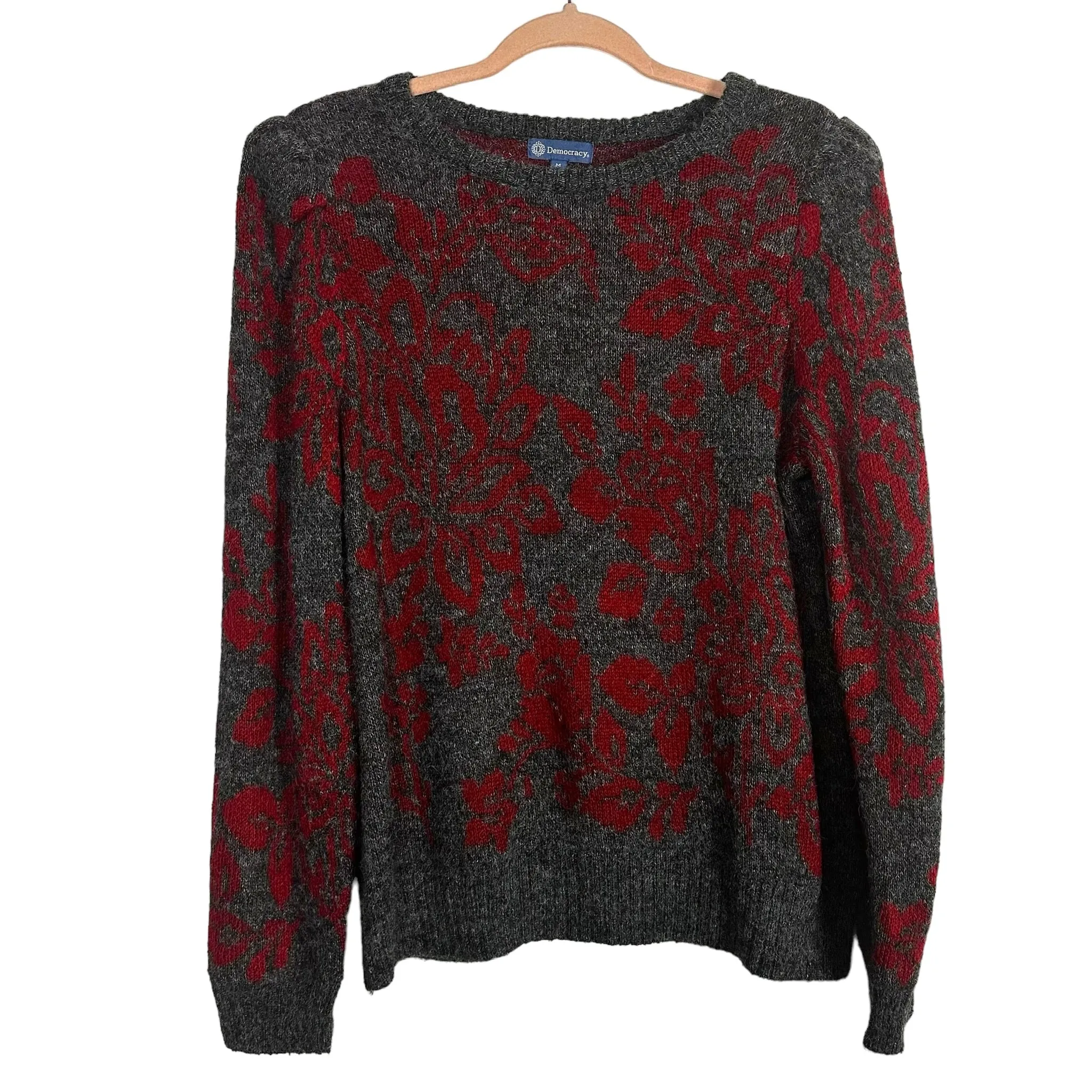 Democracy Grey Red Printed Puff Sleeve Sweater- Size M