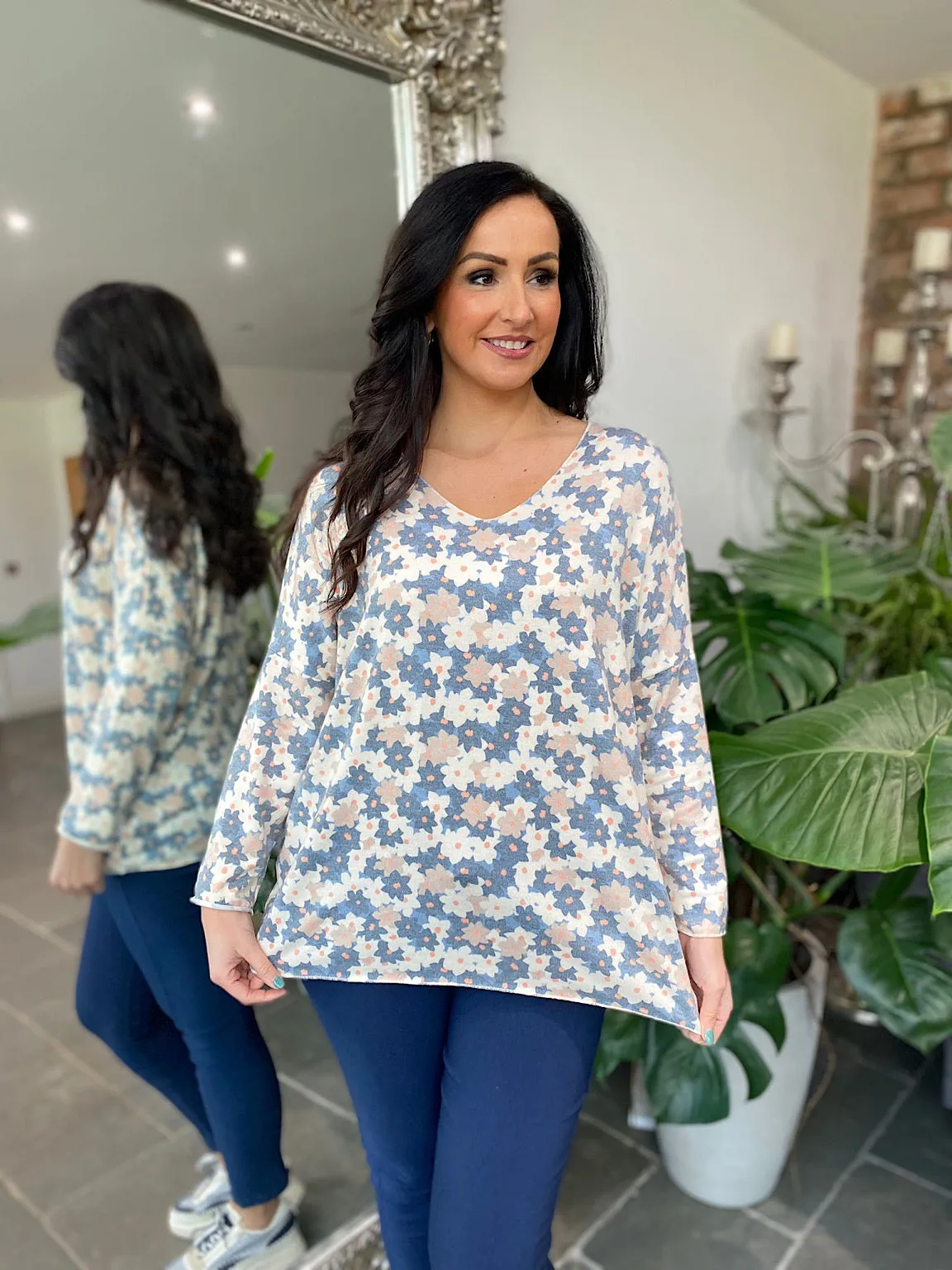 Denim V Neck Flower Top Dove