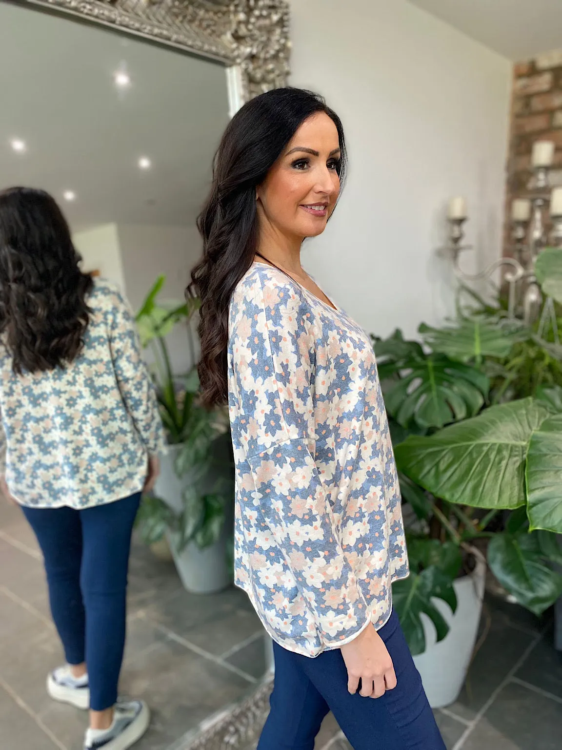 Denim V Neck Flower Top Dove