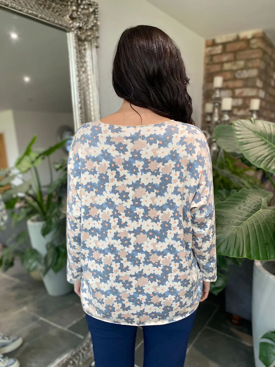 Denim V Neck Flower Top Dove