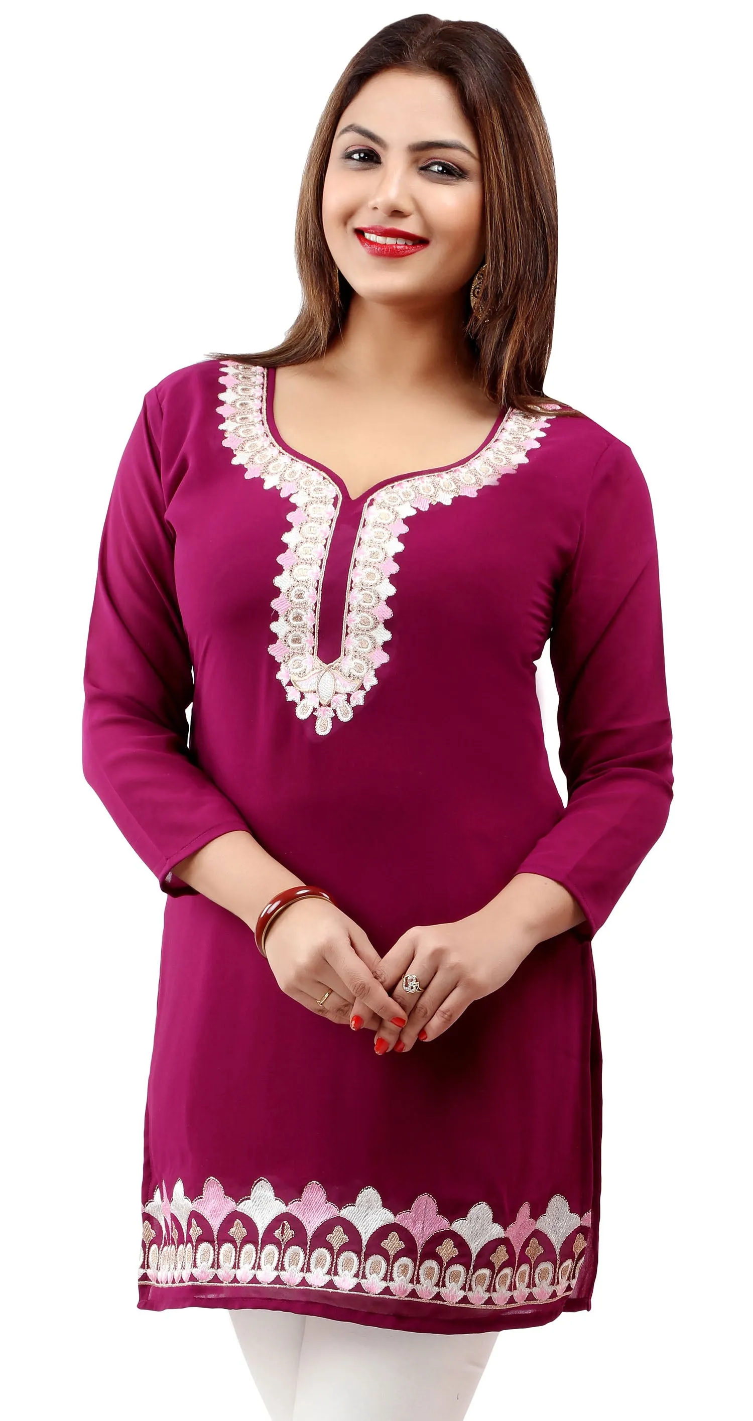 Embroidered Indian Clothing Women's Tunic Top Kurti  Blouse (Magenta)