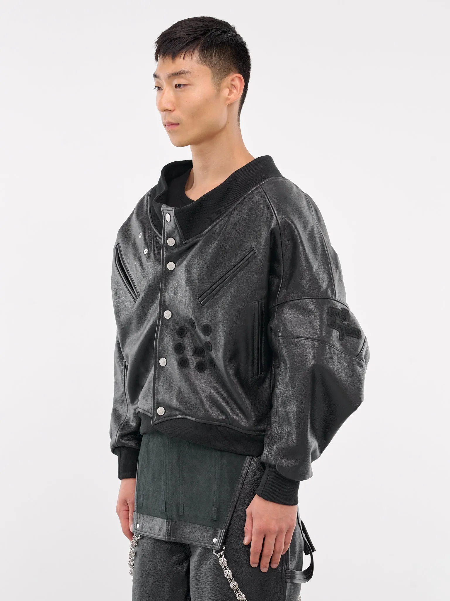 Embroidered Leather Bomber Jacket (MF24LBSB-JC3002-BLACK)