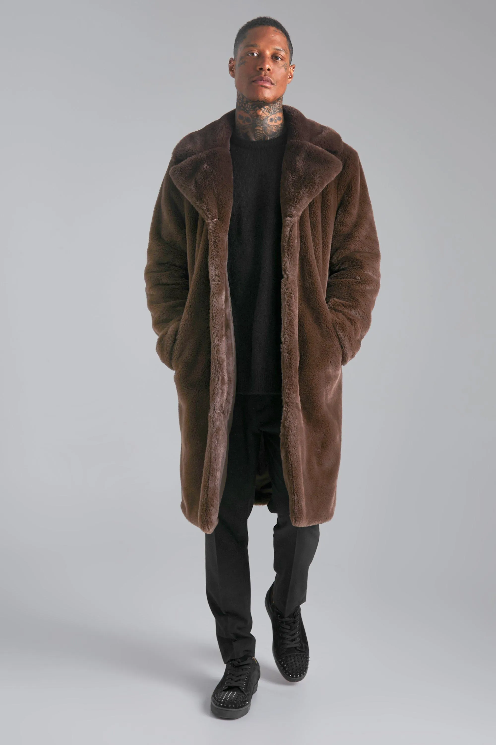 Faux Fur Longline Overcoat | boohooMAN UK