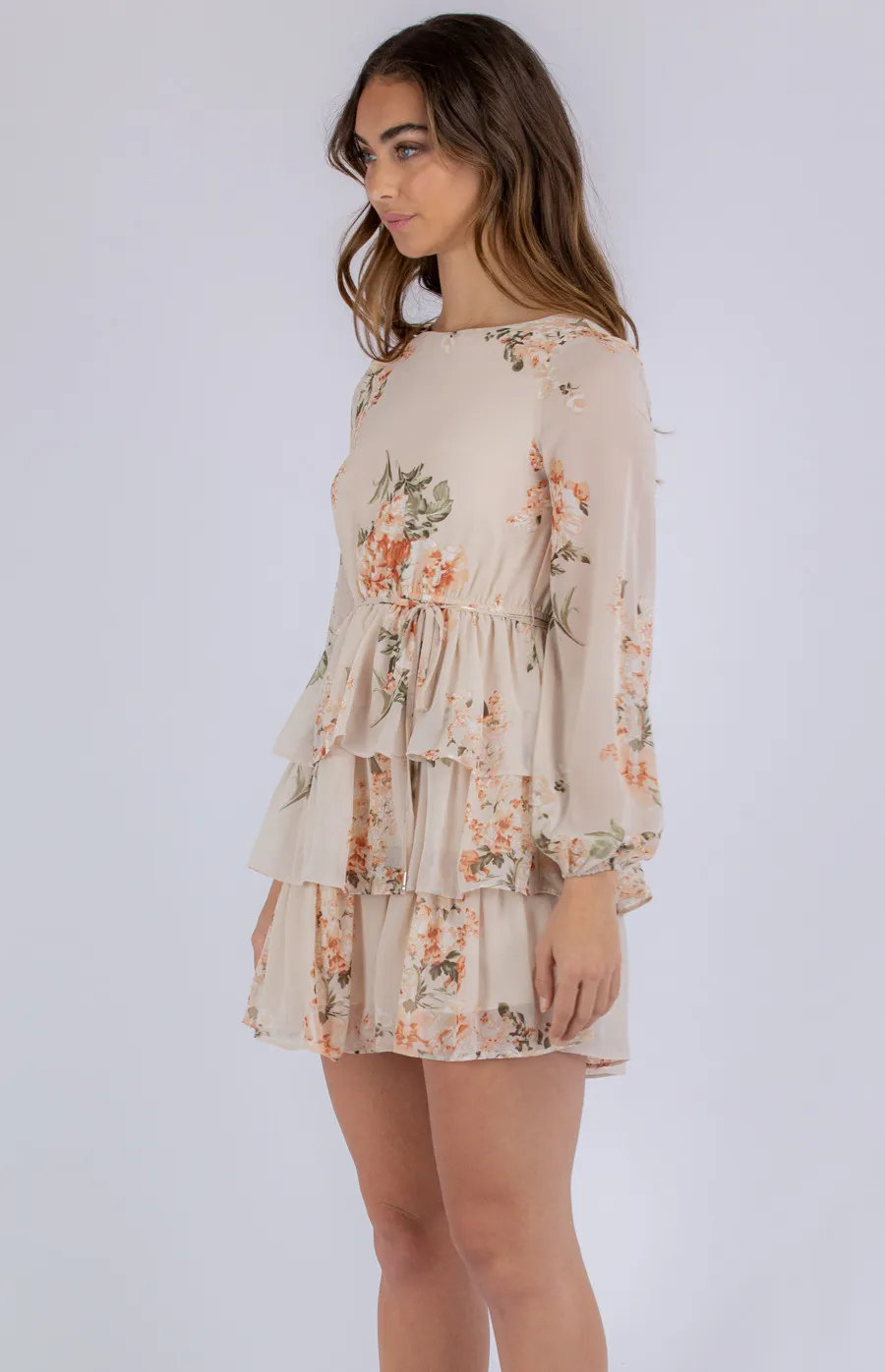 Floral Boat Neckline Dress with Layered Hem (SDR811B)