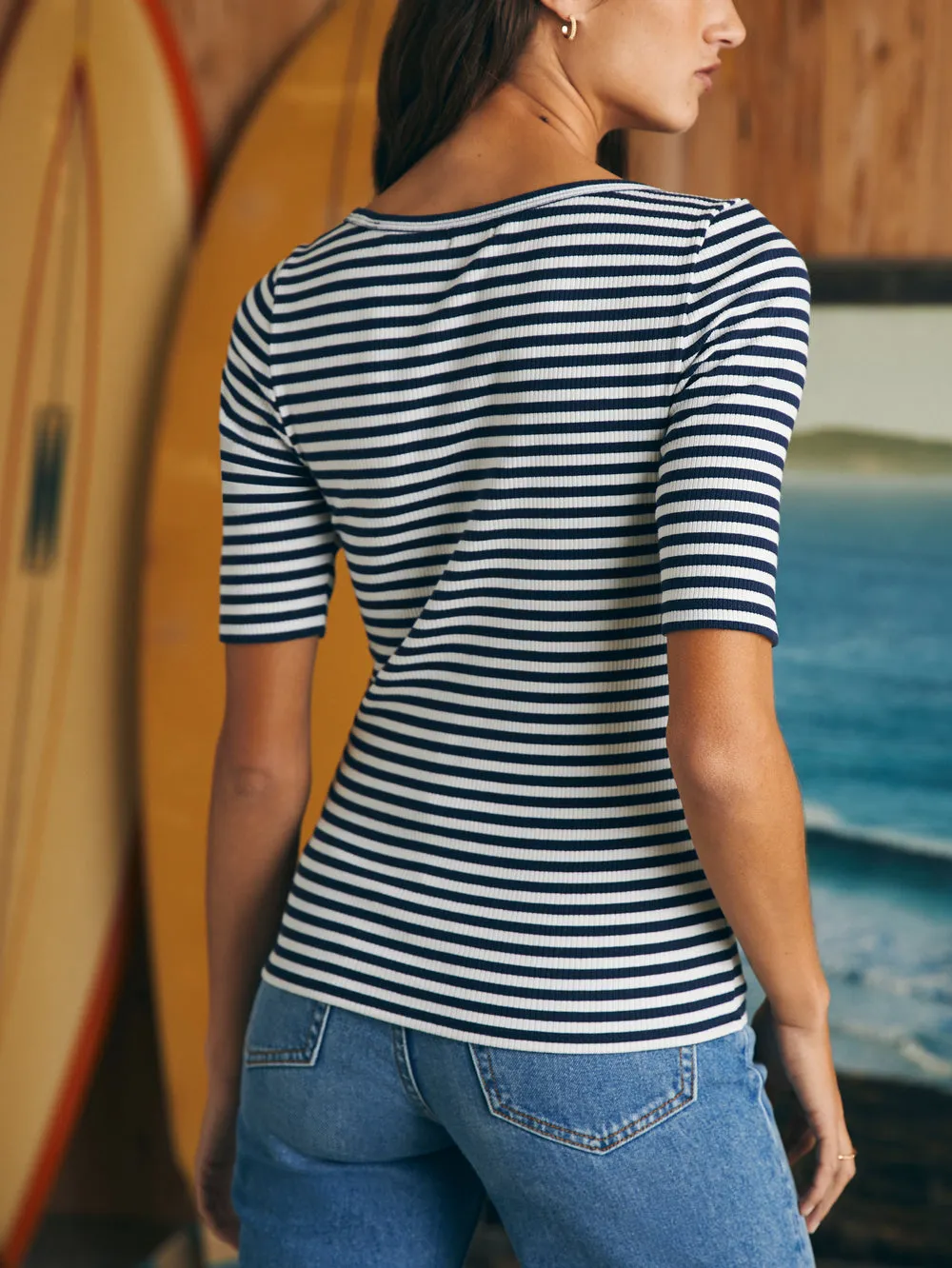 Freestyle Rib Knit Tee in Navy Stripe