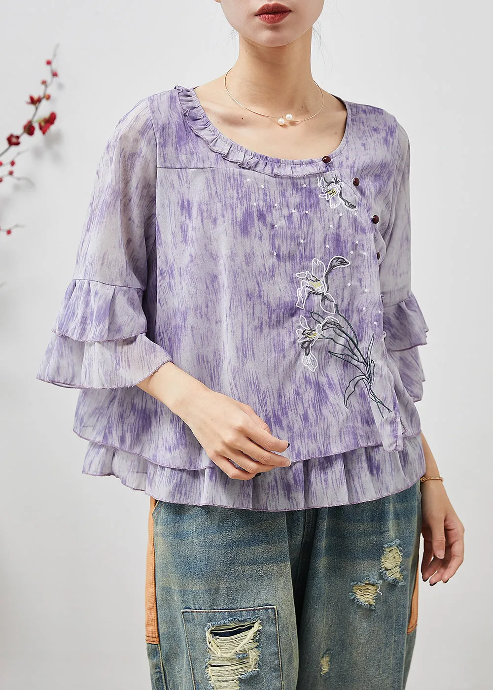 French Purple Embroidered Tie Dye Chiffon Shirts Flare Sleeve