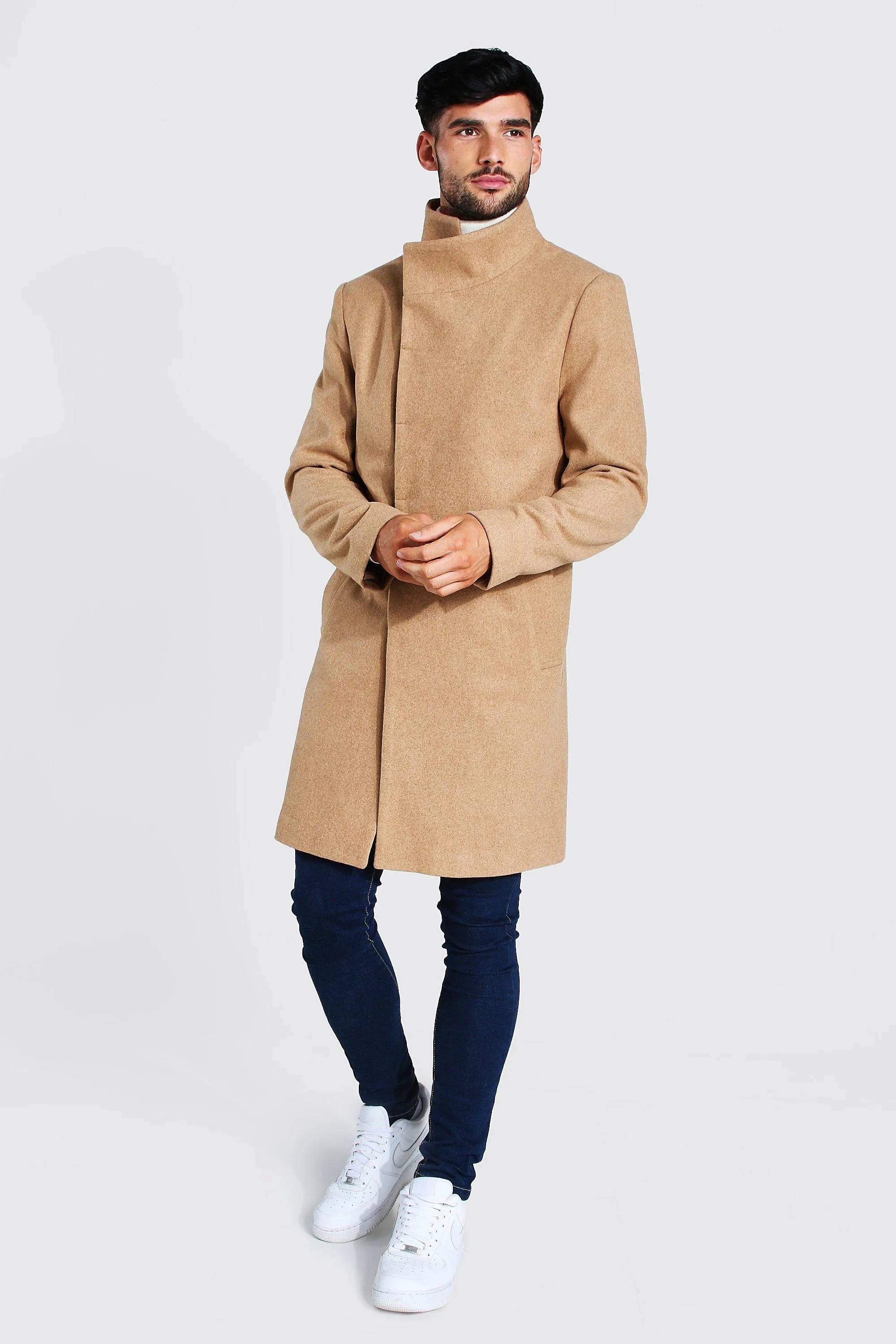 Funnel Neck Wool Look Overcoat | boohooMAN UK