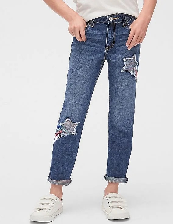 GAP Girls Blue Rainbow Star Patch Girlfriend Jeans