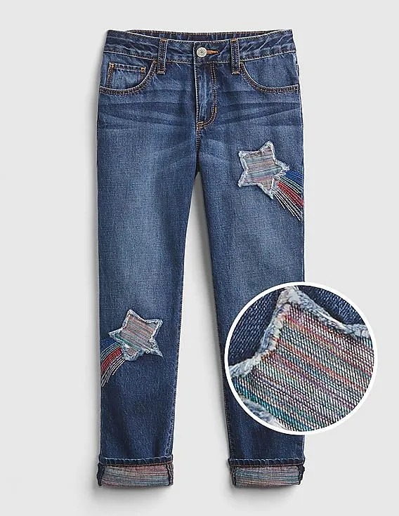 GAP Girls Blue Rainbow Star Patch Girlfriend Jeans